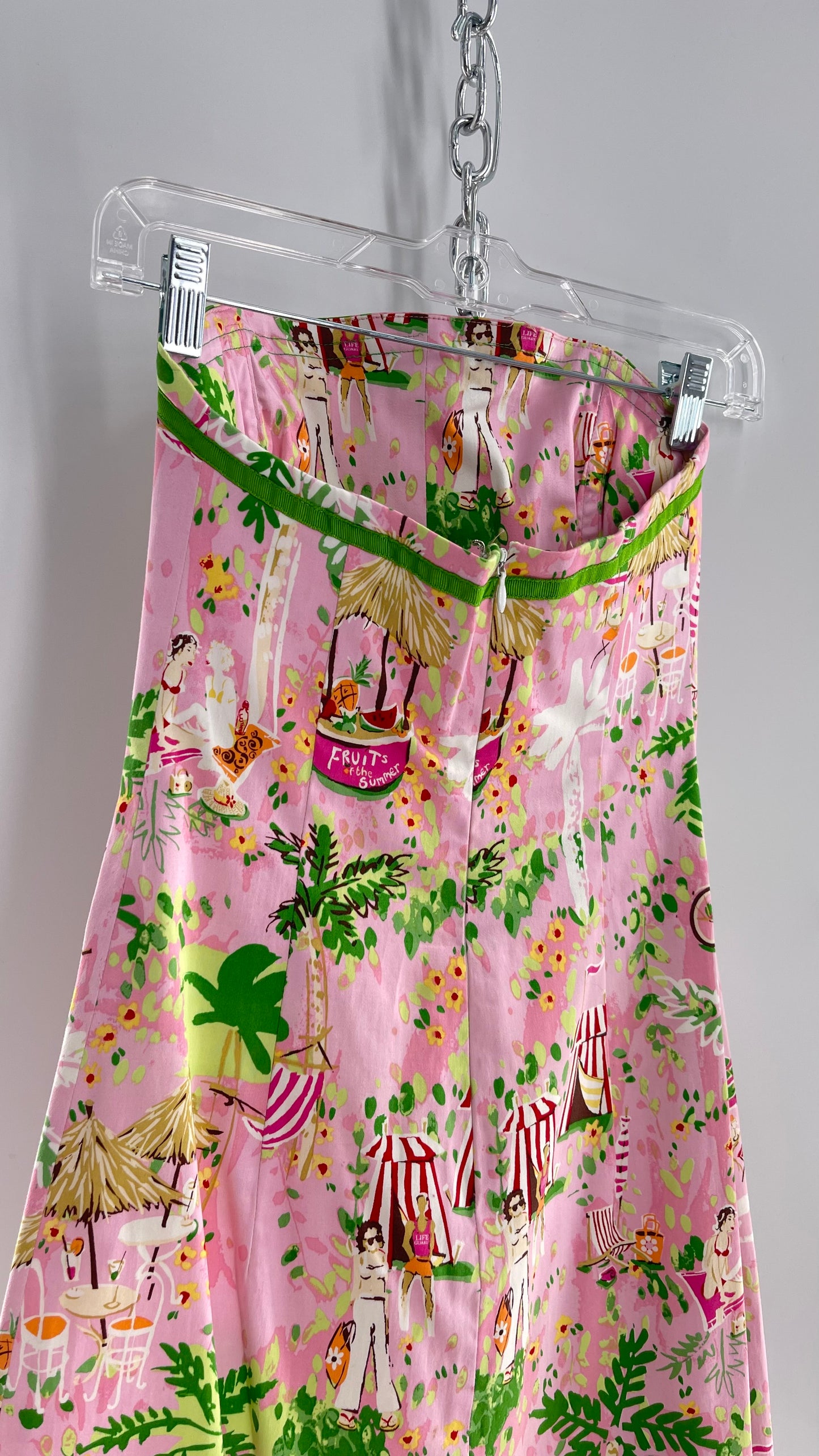 Vintage Handmade Pink Sketchbook 90s Print Mini Dress with Green Ribbon and Built In Boning (XS)