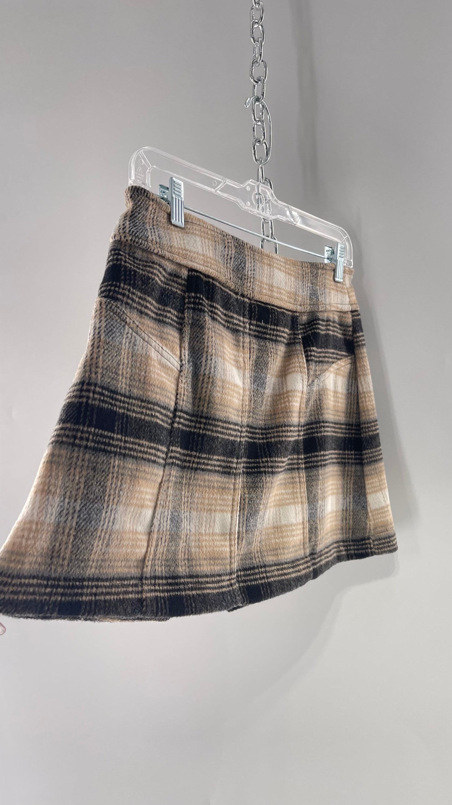 Free People Plaid Beige Gray Soft Mini Skirt with Side Slit and Built in Grommet Belt (4)