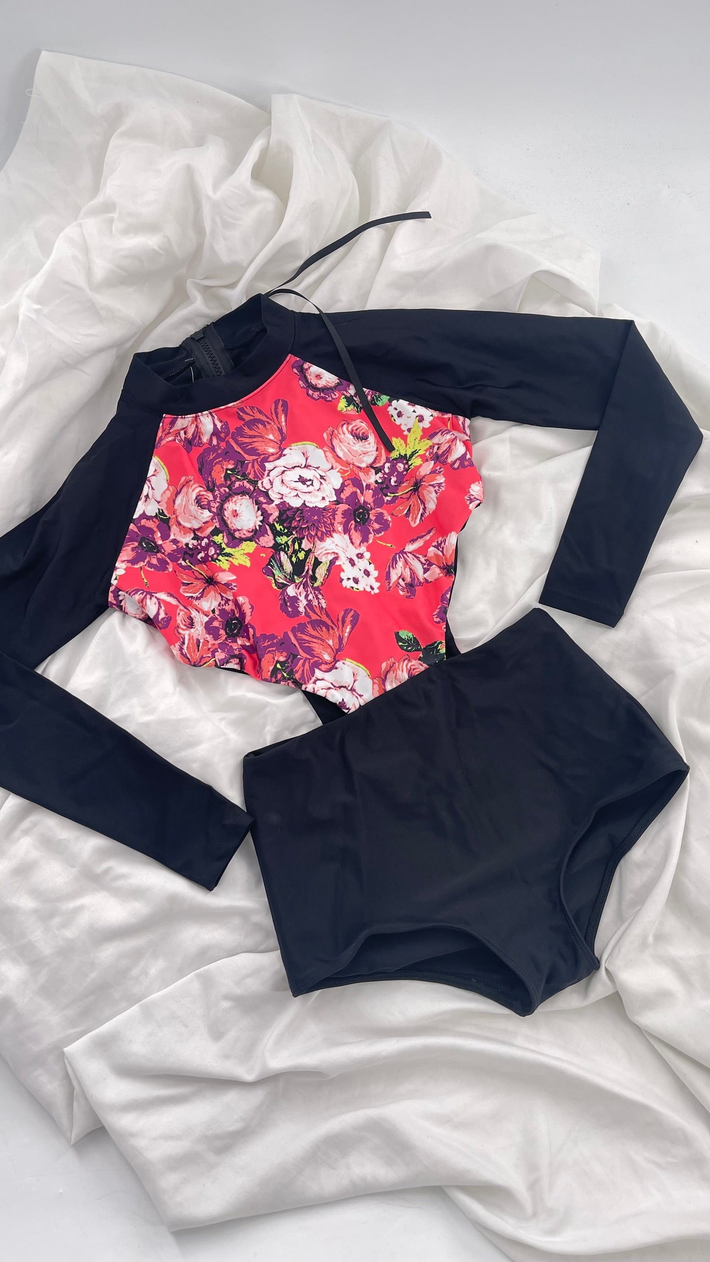 BEACH RIOT x Free People Black Long Sleeve Swimsuit with Hot Pink Floral Torso and Cut Outs (XS)