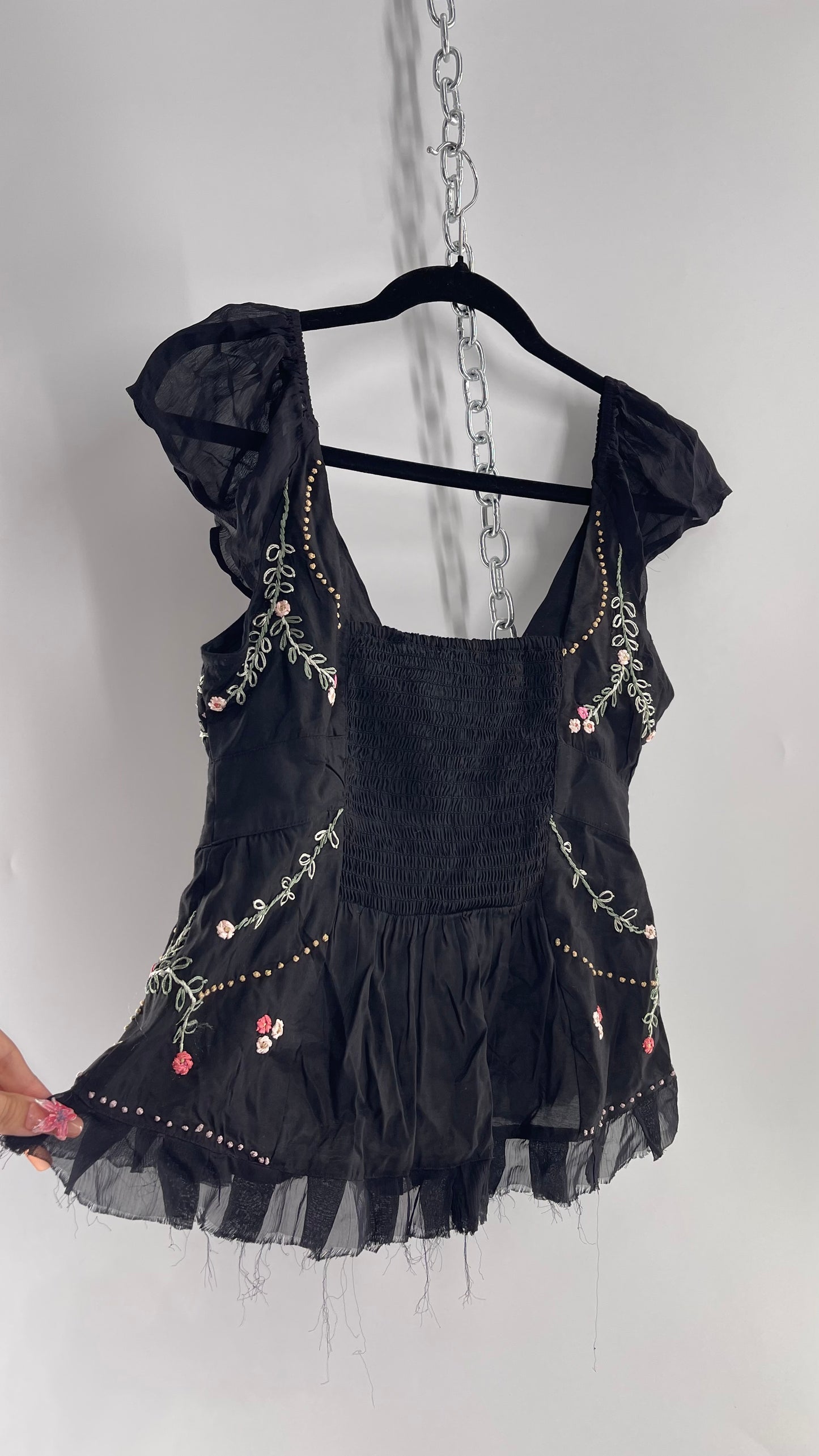 Free People Black Embroidered Tunic Blouse (XS)