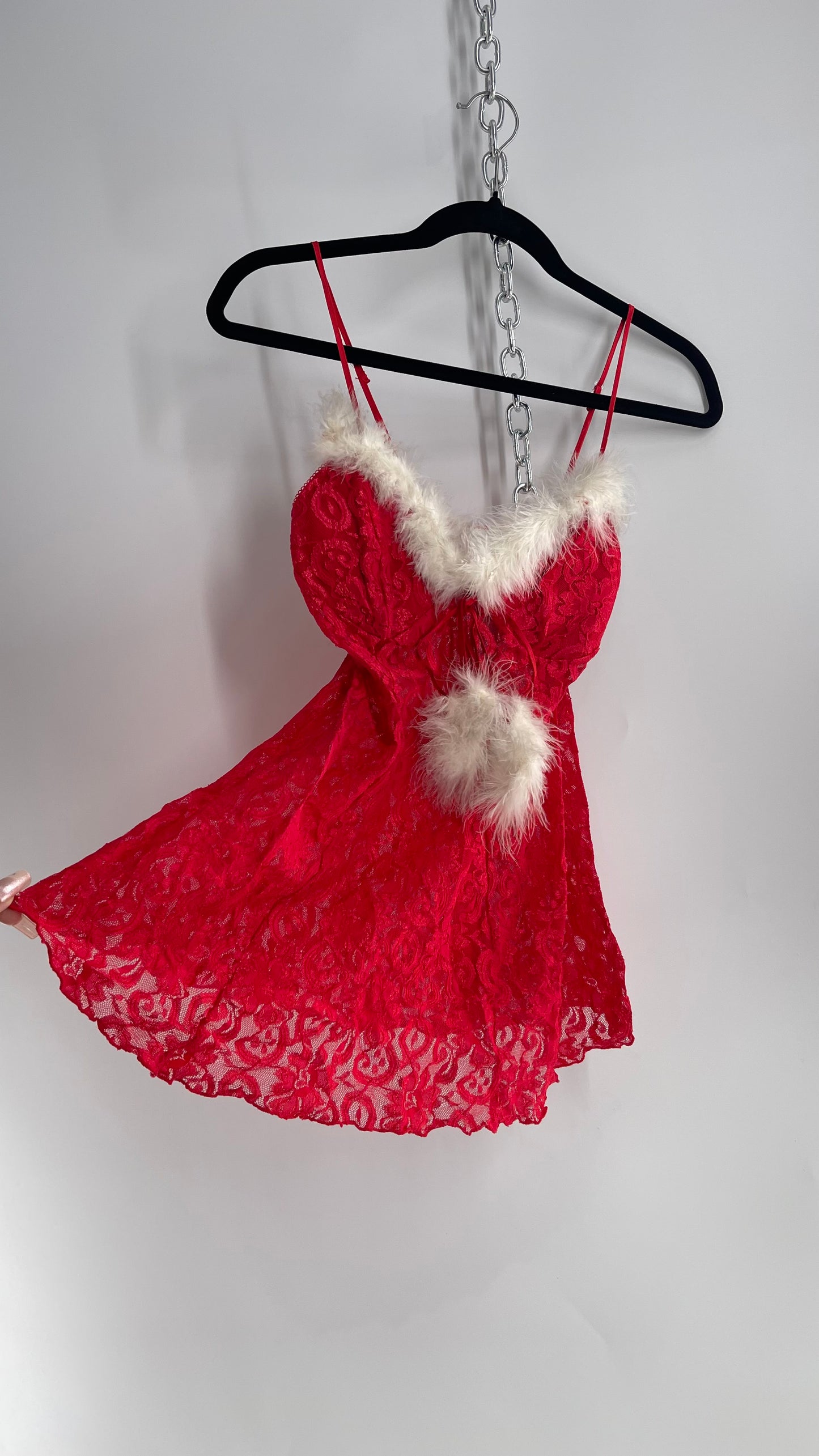 Vintage 1990s Cinema Etoile Red Lace Babydoll with White Feather Trim (Small)