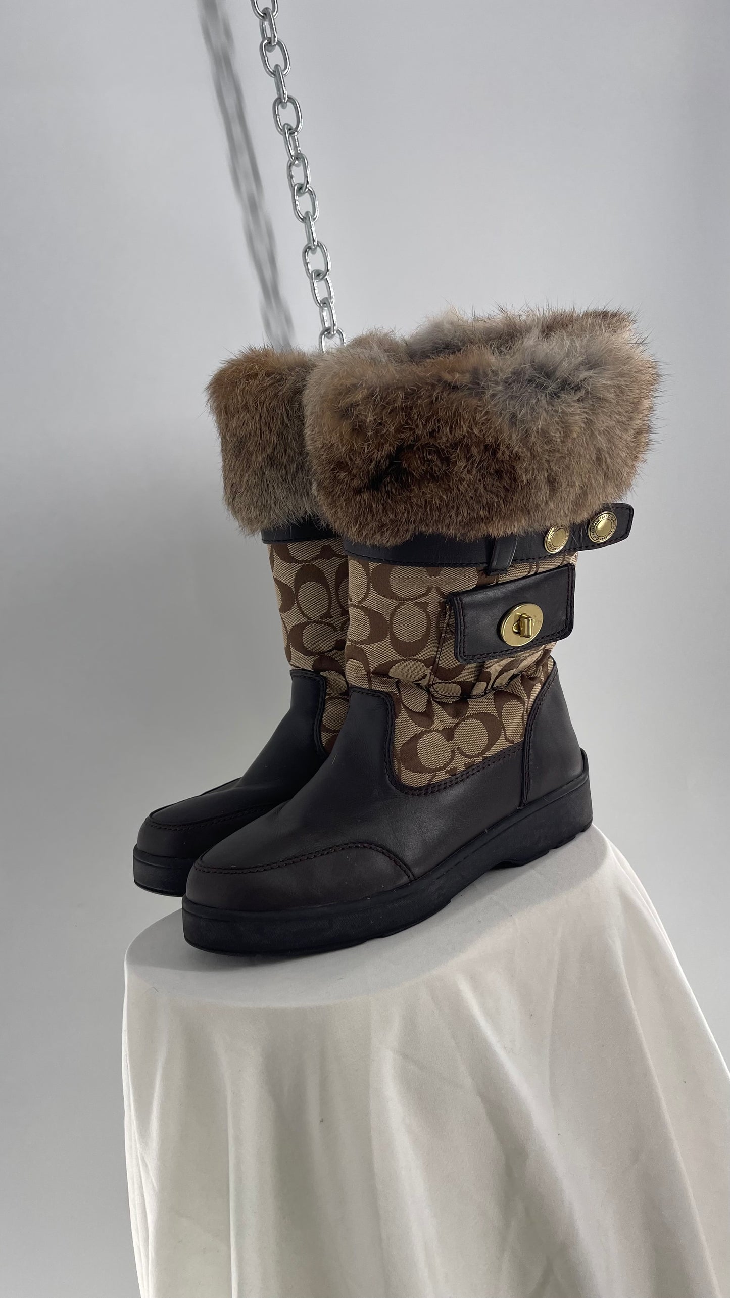 Coach Vintage Kimberly Brown Leather Quilted Monogram Rabbit Fur Trim Boot with Ankle Pouches  (8.5)