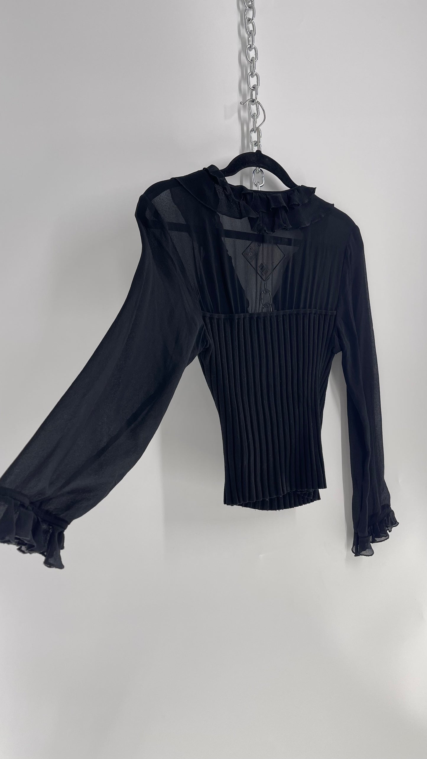 Vintage Tracy M Black Ribbed Blouse with Ruffles and Sheer Sleeves (L)