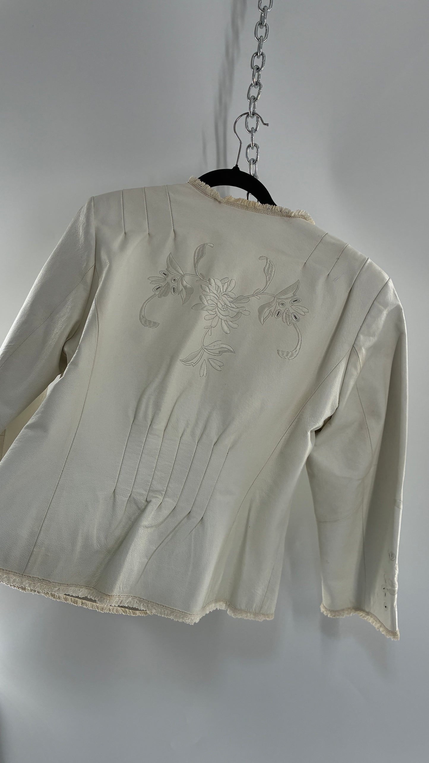Vintage TERRY LEWIS White Leather Pleated Back, Embroidered Jacket with Lace Trim (Large)