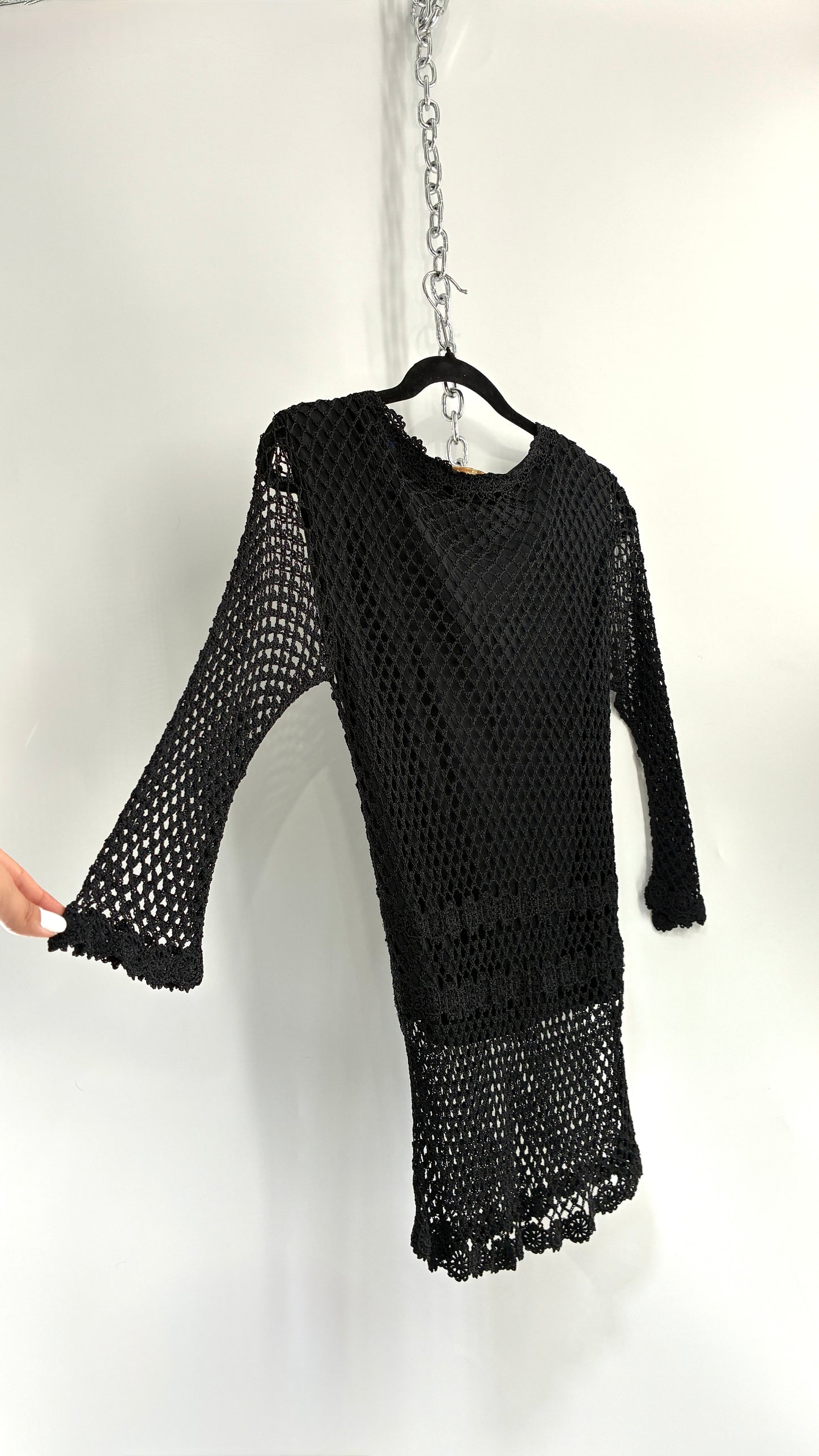 Vintage KROSHETTA by PAPILLON  Black Crochet Quarter Sleeve Blouse (Medium)