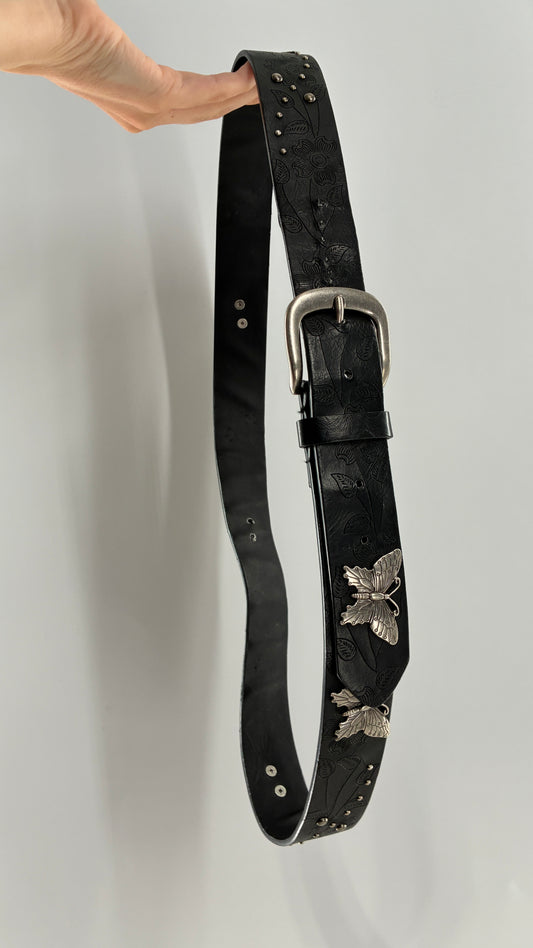 Vintage Distressed Black Embossed Belt with Silver Metal Butterfly Medallions (XL)