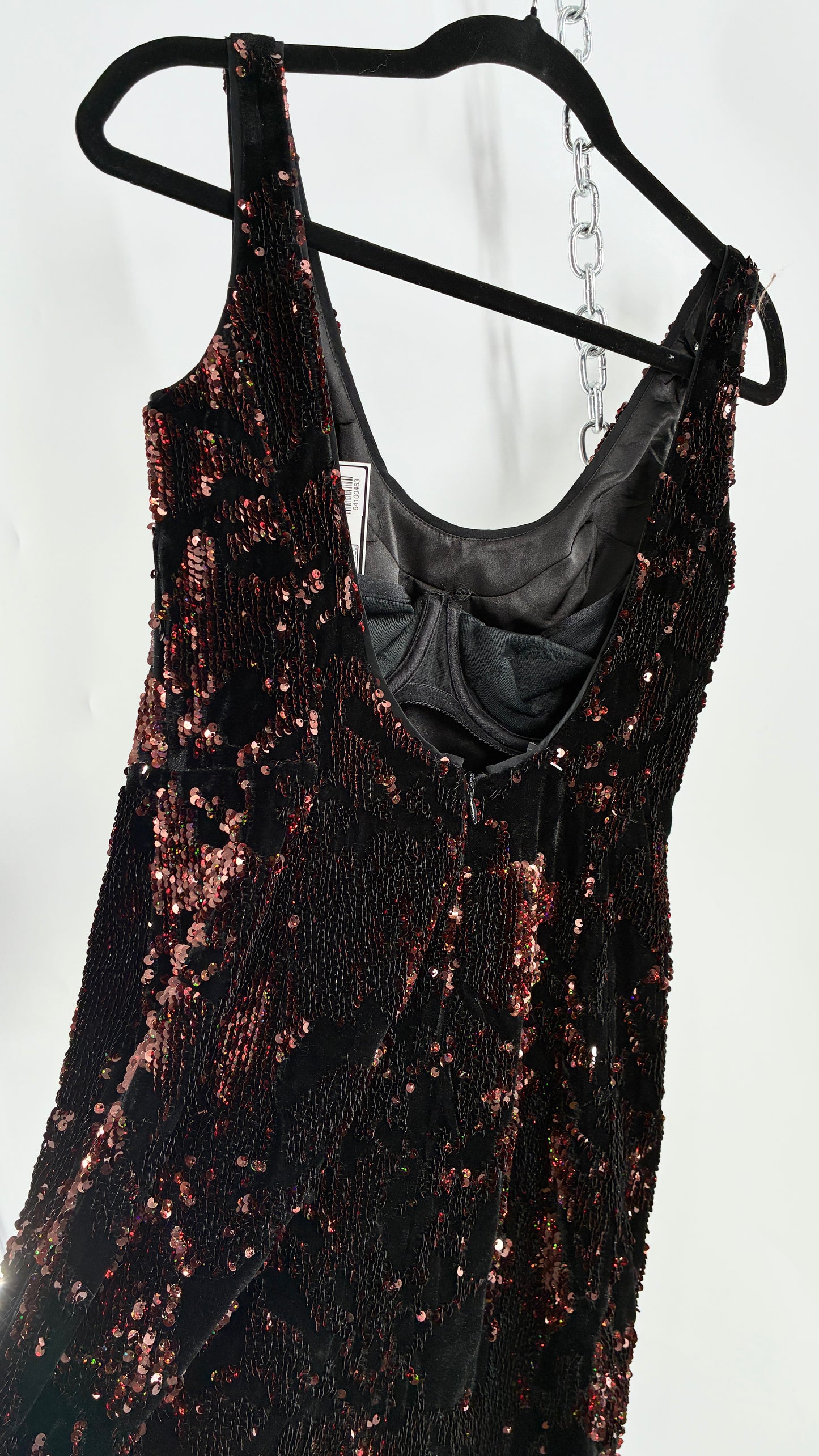 MILLY Cora Velvet, Black and Rose Gold Sequin Mini Dress with Built in Corset (4)