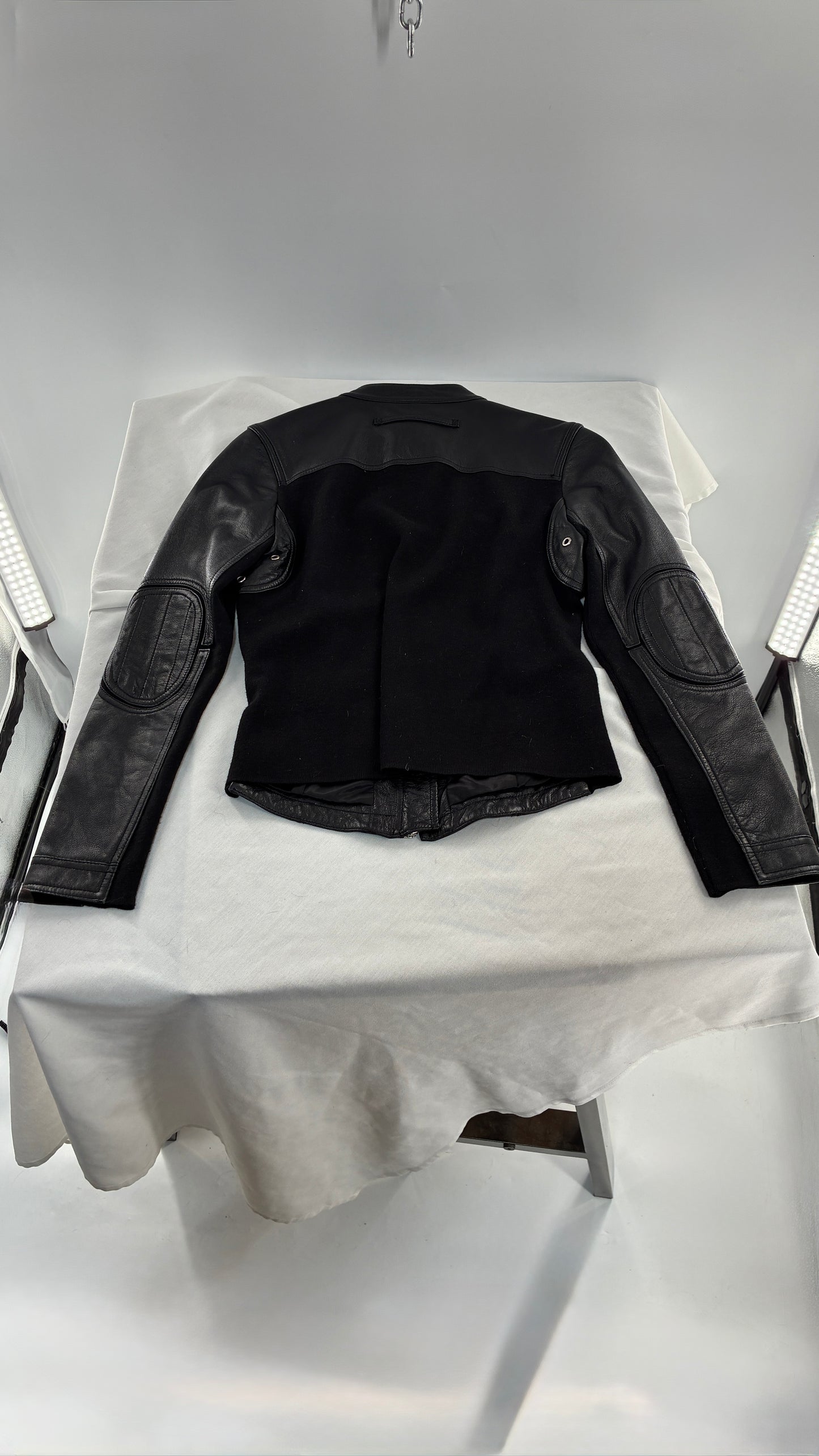 Vintage INC Black Genuine Leather and Wool Blend Paneled Patch Motorcycle Jacket (Medium)