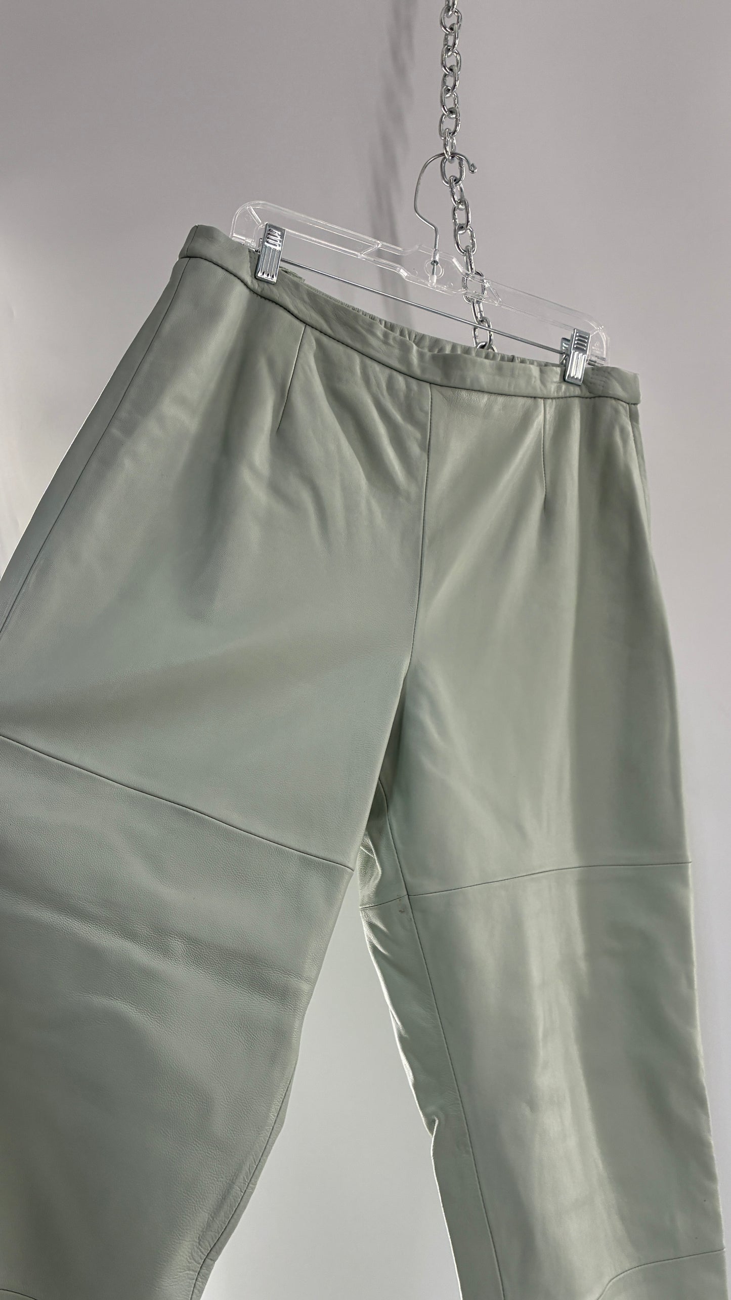 Vintage TERRY LEWIS Classic Luxuries Muted Seafoam, Genuine Leather Trousers with Silky Soft, Satin Lining (16P)