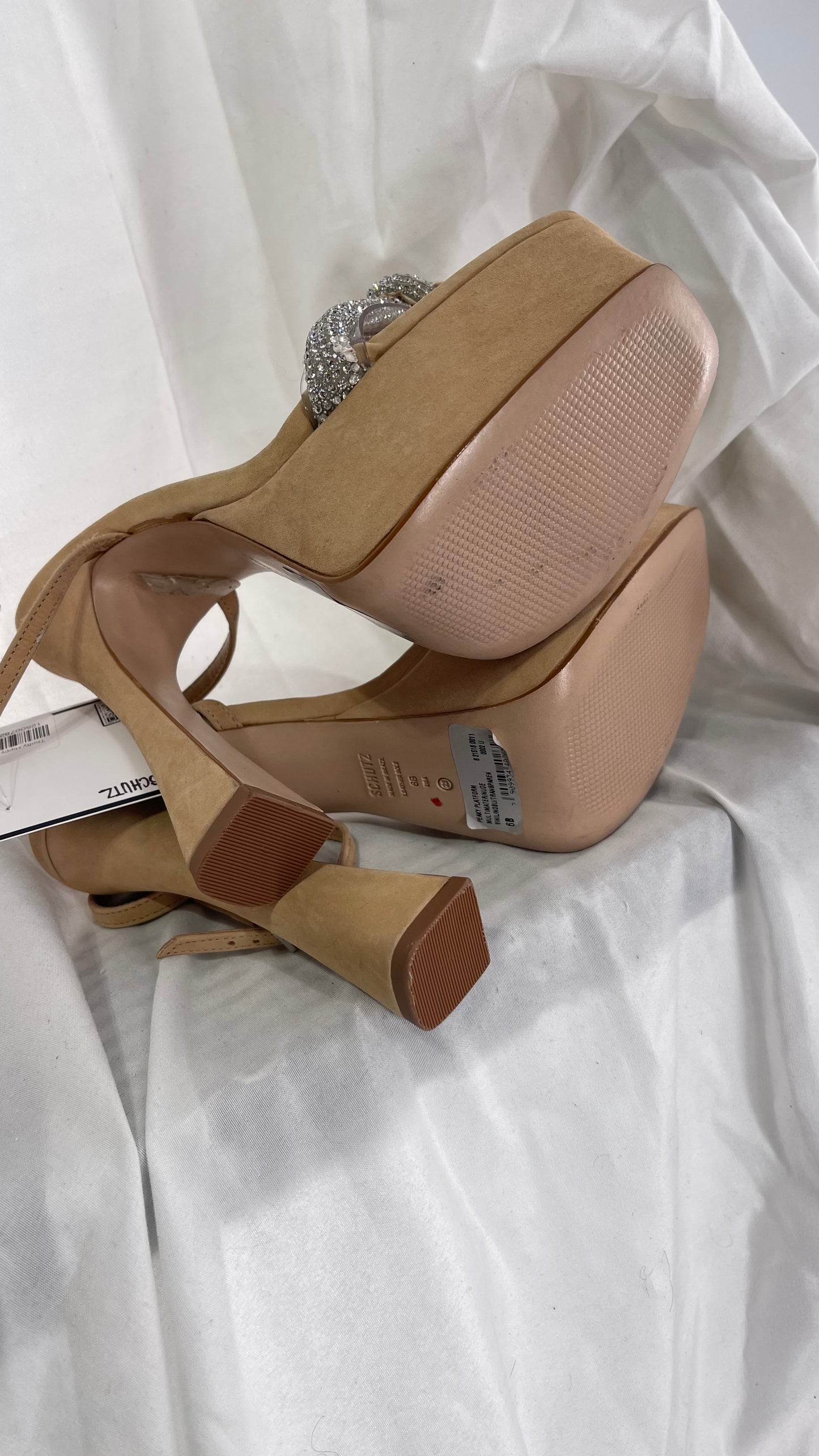 SCHÜTZ Peaky Beige/Tan/Nude Platform Heel with Funky Heel and Clear Knot Rhinestone Toe Strap (6)