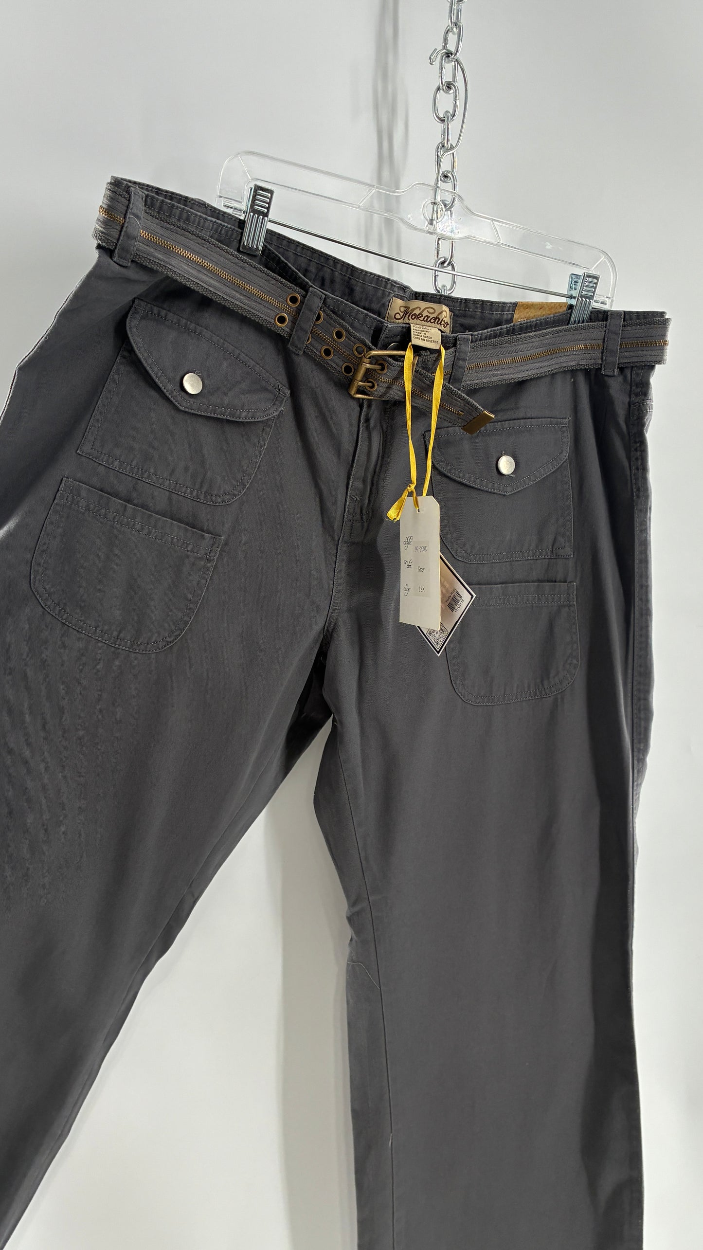Deadstock Vintage MOKACHINO Grey Low Rise Kick Flares with Zipper Belt and Hip Pockets (18X)