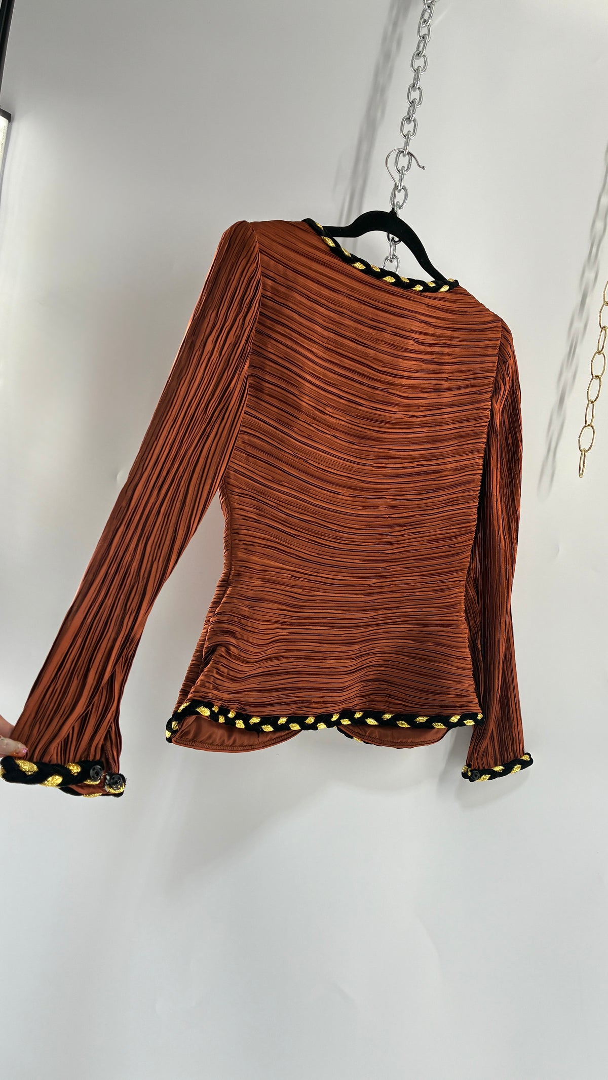 Vintage GEORGE F COUTURE Plissé 2 Piece Burnt Orange Structured Blazer Set with Velour, Gold Rope Detail (6)