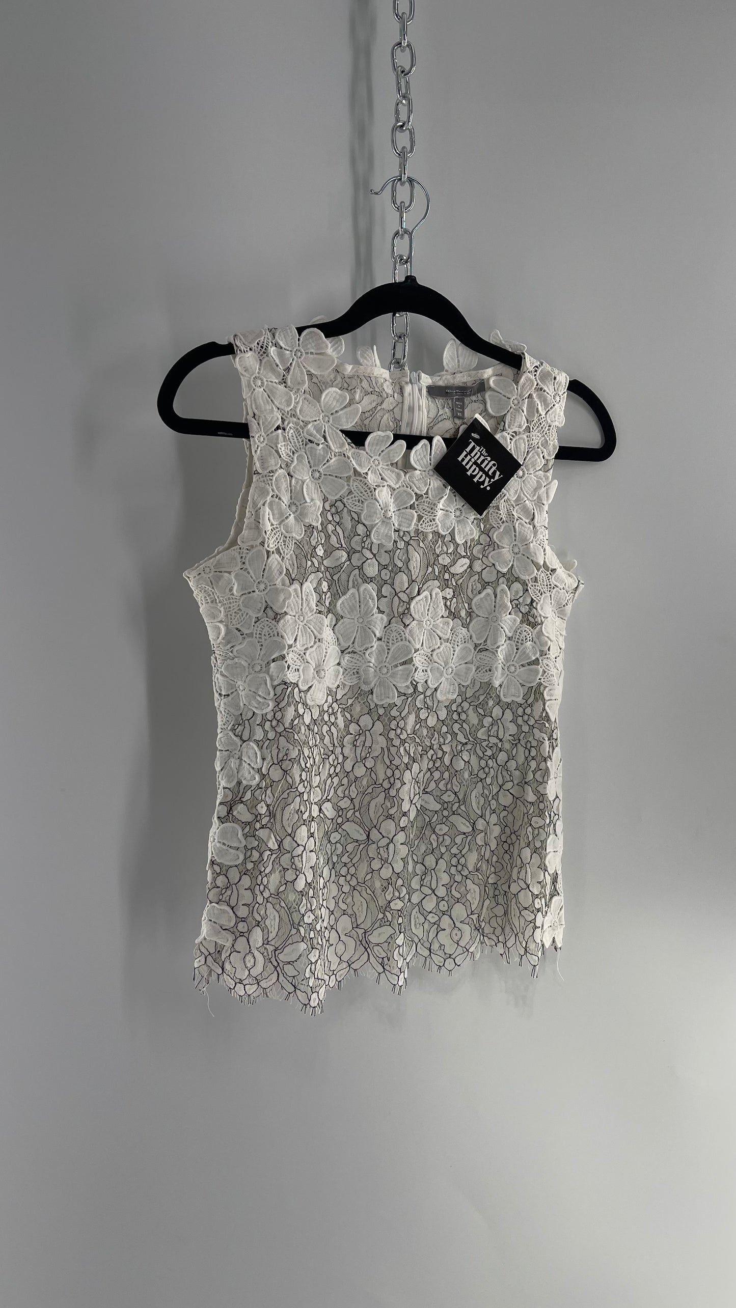 Anthropologie Blue Tassel White Lace Tank with White Lace Under bust and Collar Trim (XS)