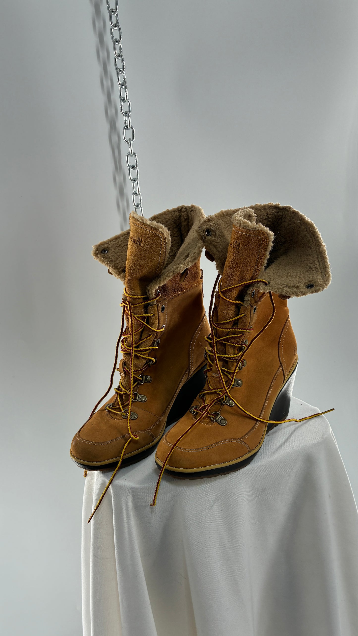 Vintage TIMBERLAND Wedge Boots Suede Leather Tie Up Heels (7.5)