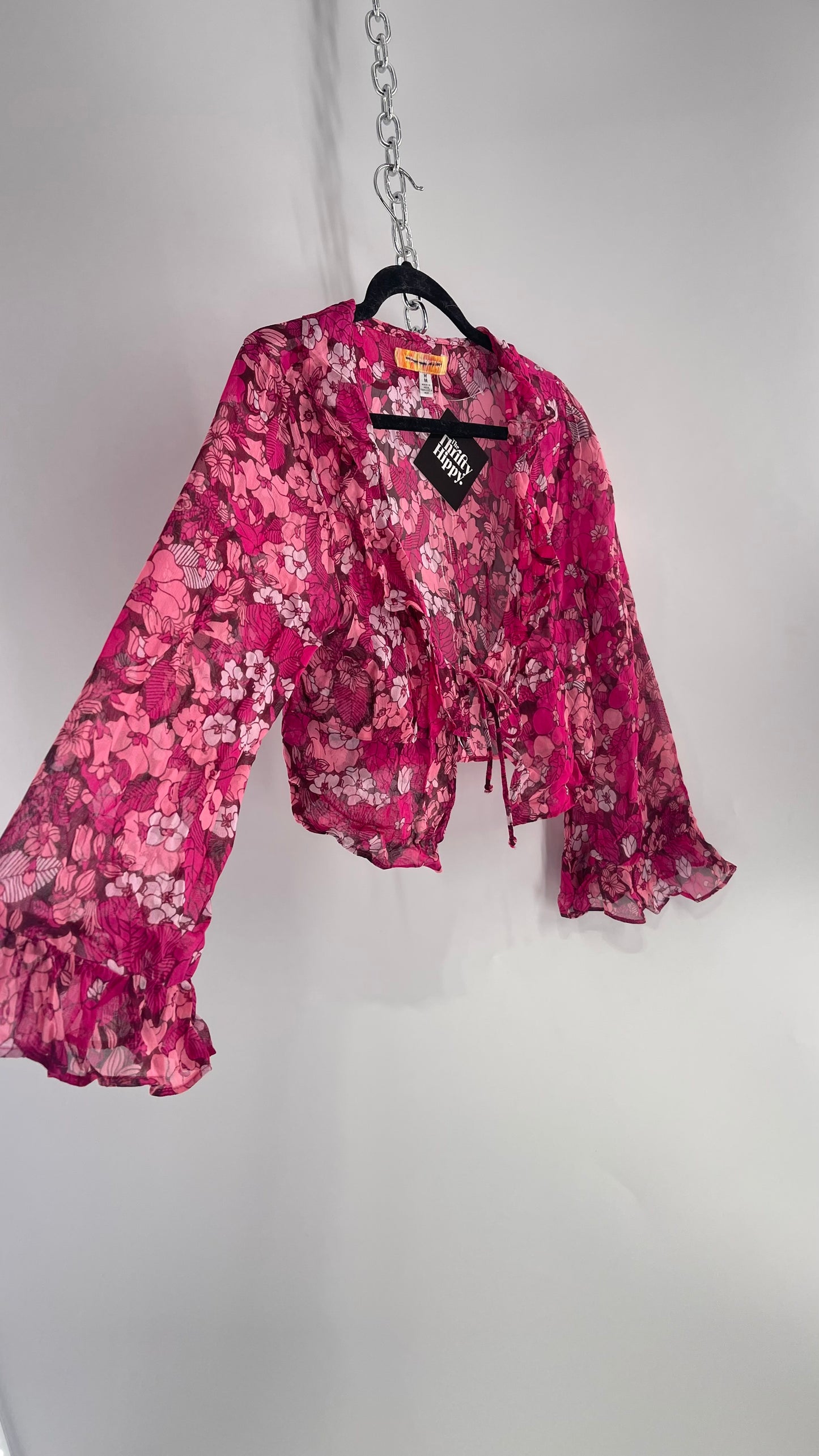 Urban Outfitters Fuchsia 100% Viscose Floral Tie Front, Ruffled Blouse