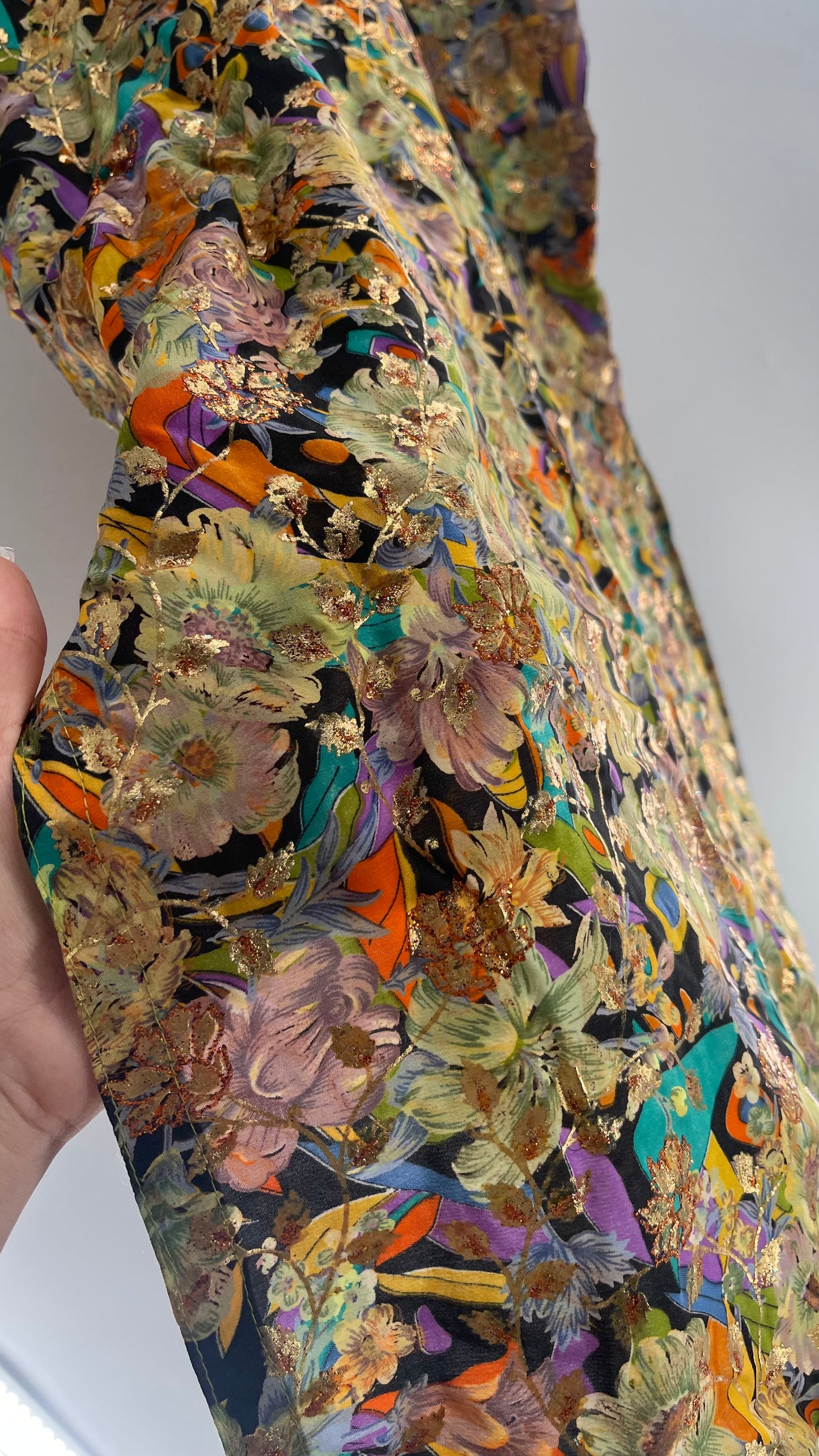 Vintage Imported Contrasting Floral Side Slit Tunic Silk with Hand Painted Glitter Details (Medium)