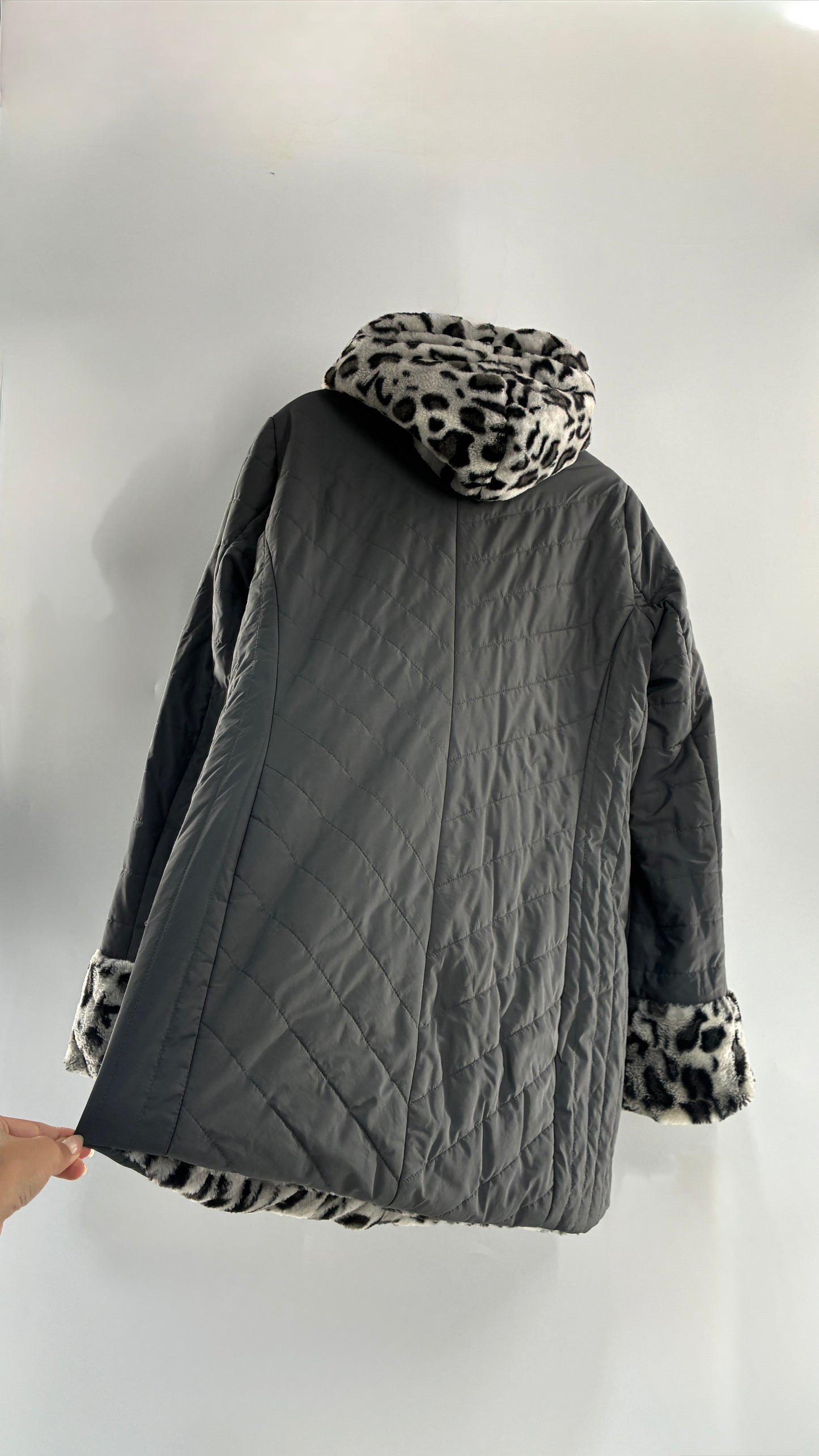 Vintage DENNIS BASSO Reversible Leopard Fur and Quilted, Hooded Coat (Large)