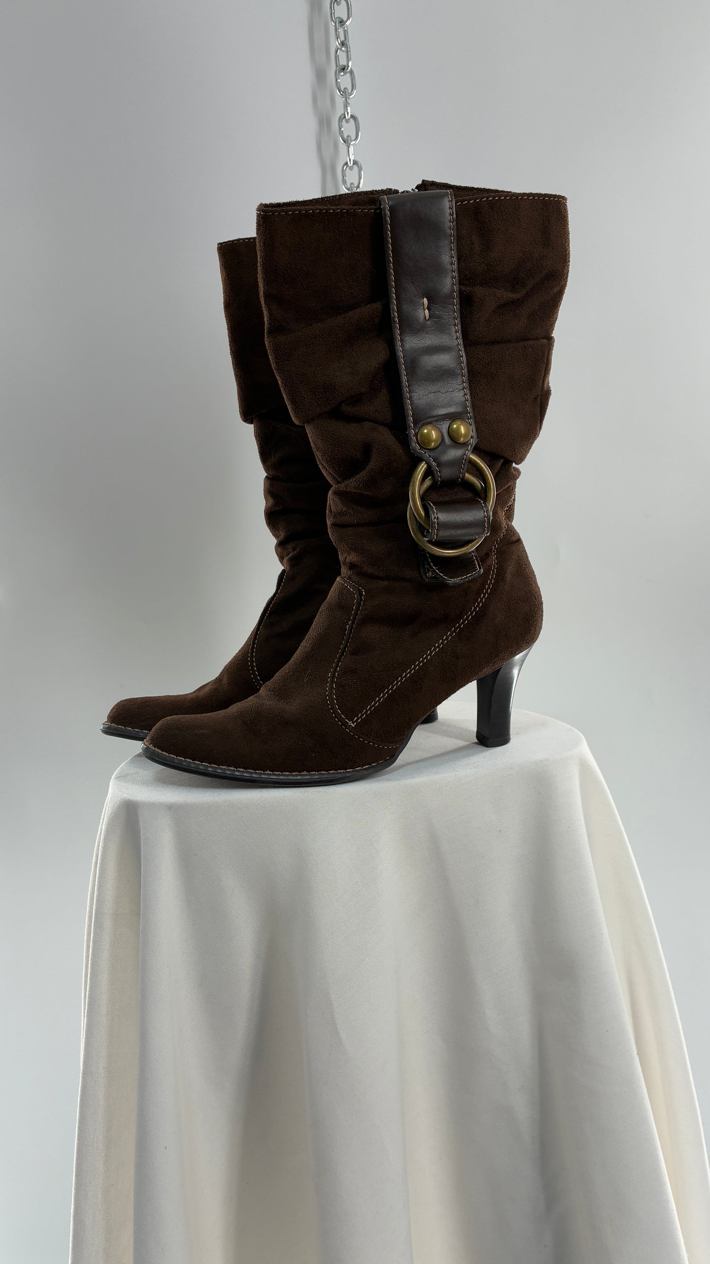 Vintage PREDICTIONS Vegan Suede Brown Stacked Boots with Buckle Detail (6.5)