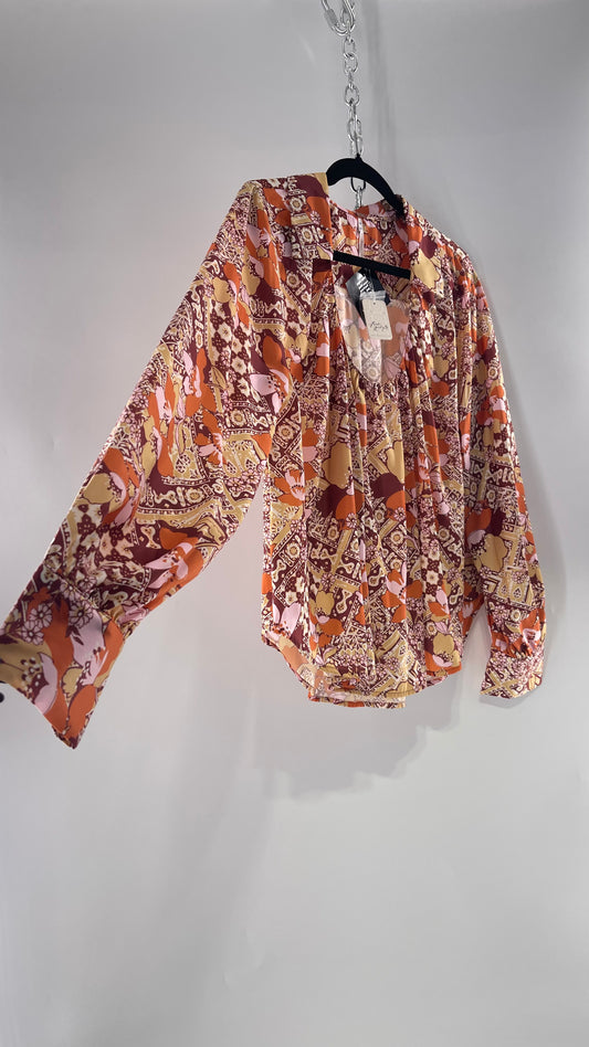 Free People All Over Mixed Warm Toned Satin Blouse with Pleated/Draping Neckline and Collar, Tags Attached  (Small)