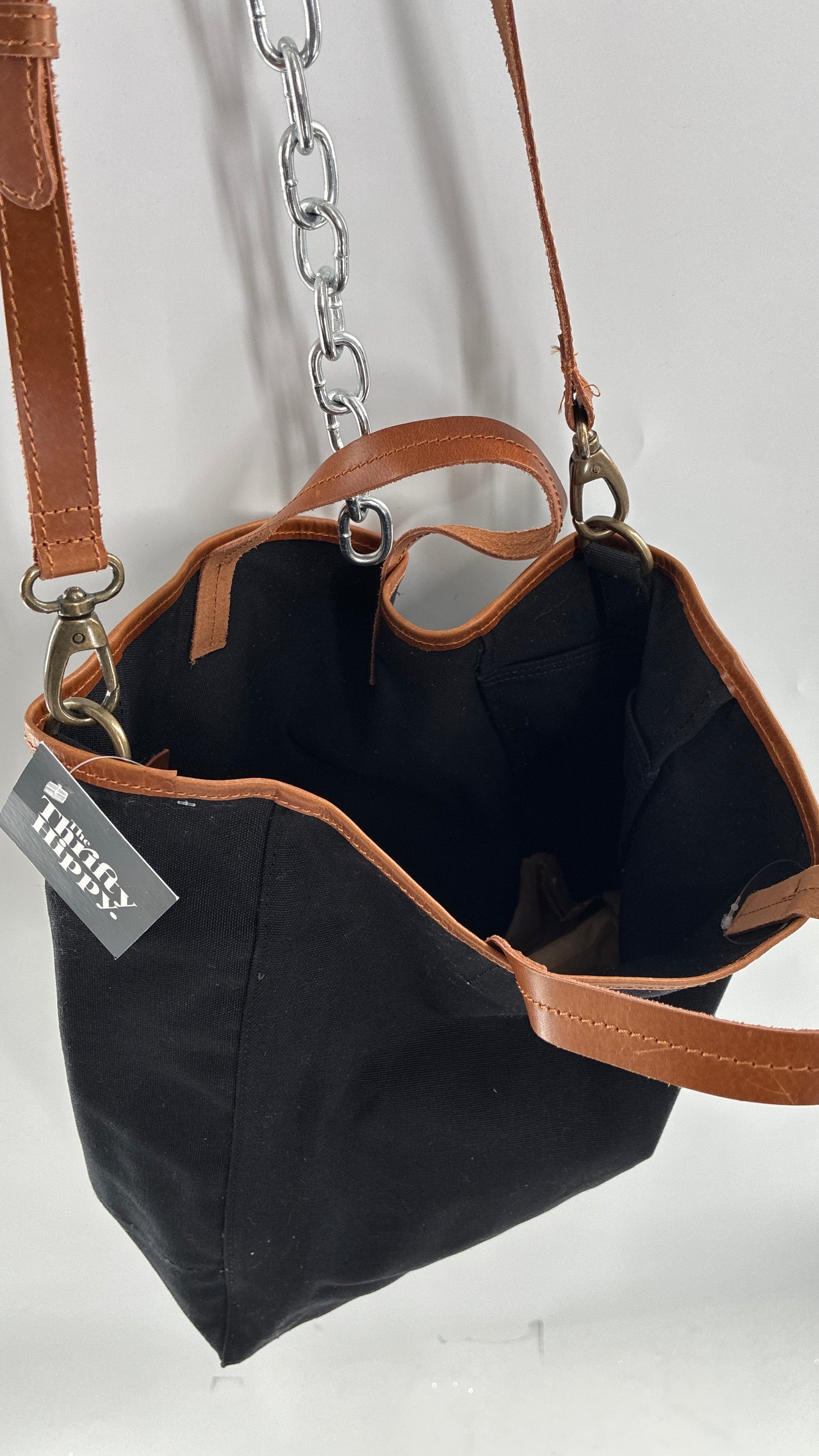 Urban Outfitters Large Black Cotton Tote Bag with Inner Pockets, Genuine Leather Lining and Straps