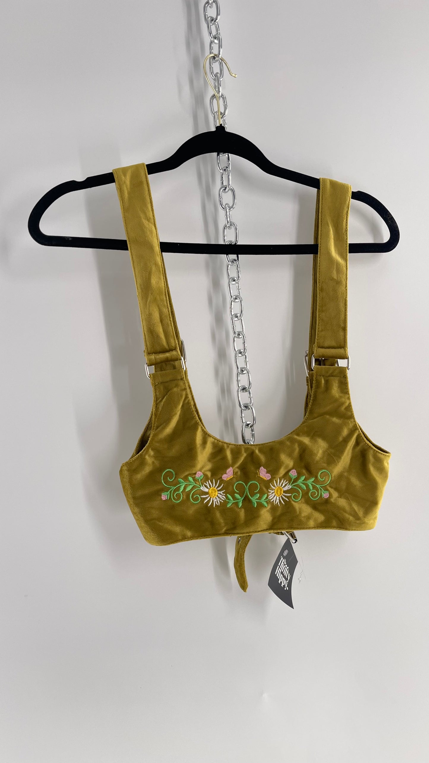 Urban Outfitters Greenish Gold Velour Body Harness with Embroidered Daisies and Butterflies (Large)