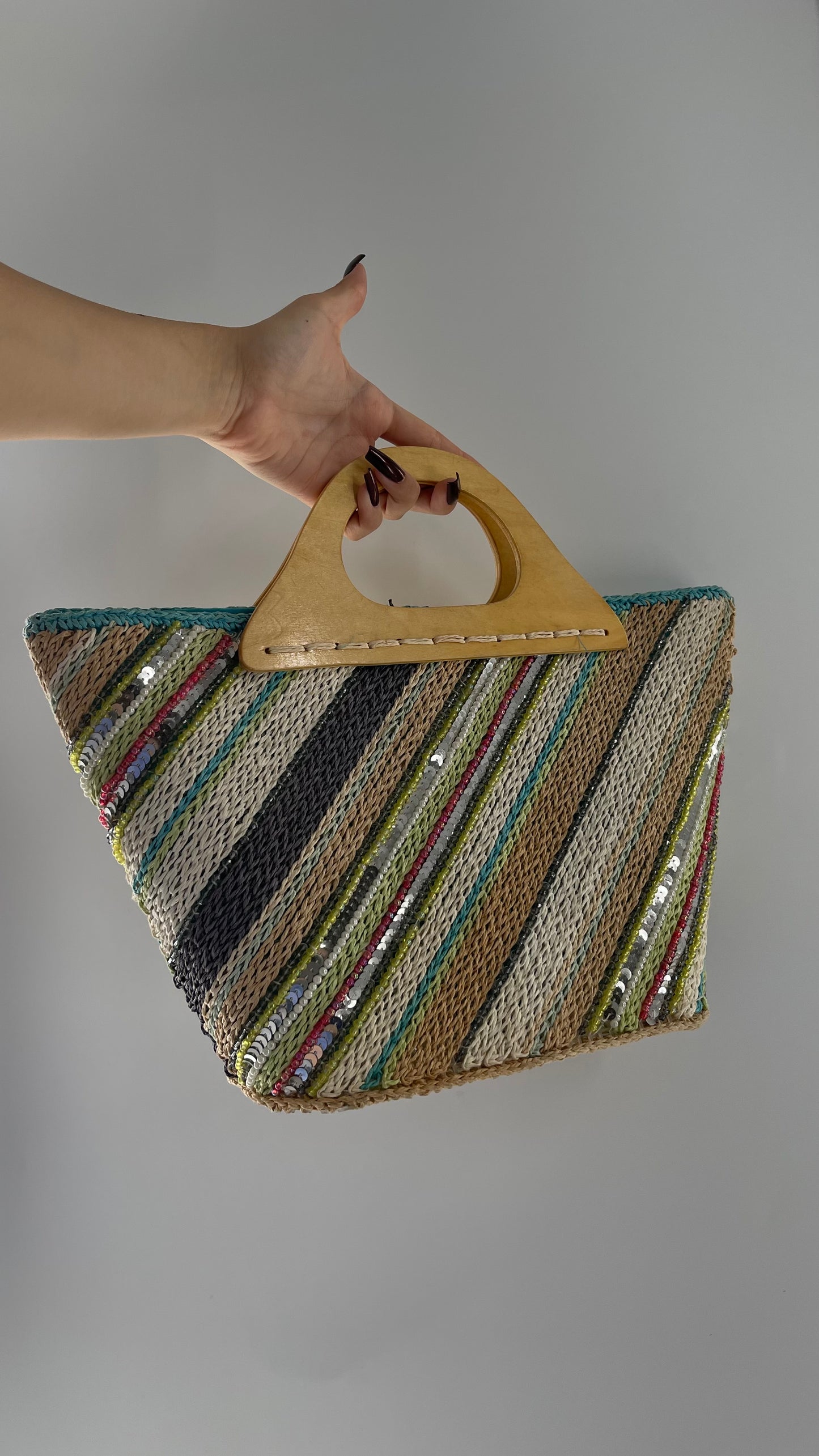 Vintage Woven Straw Purse with Sequins and Beaded Details