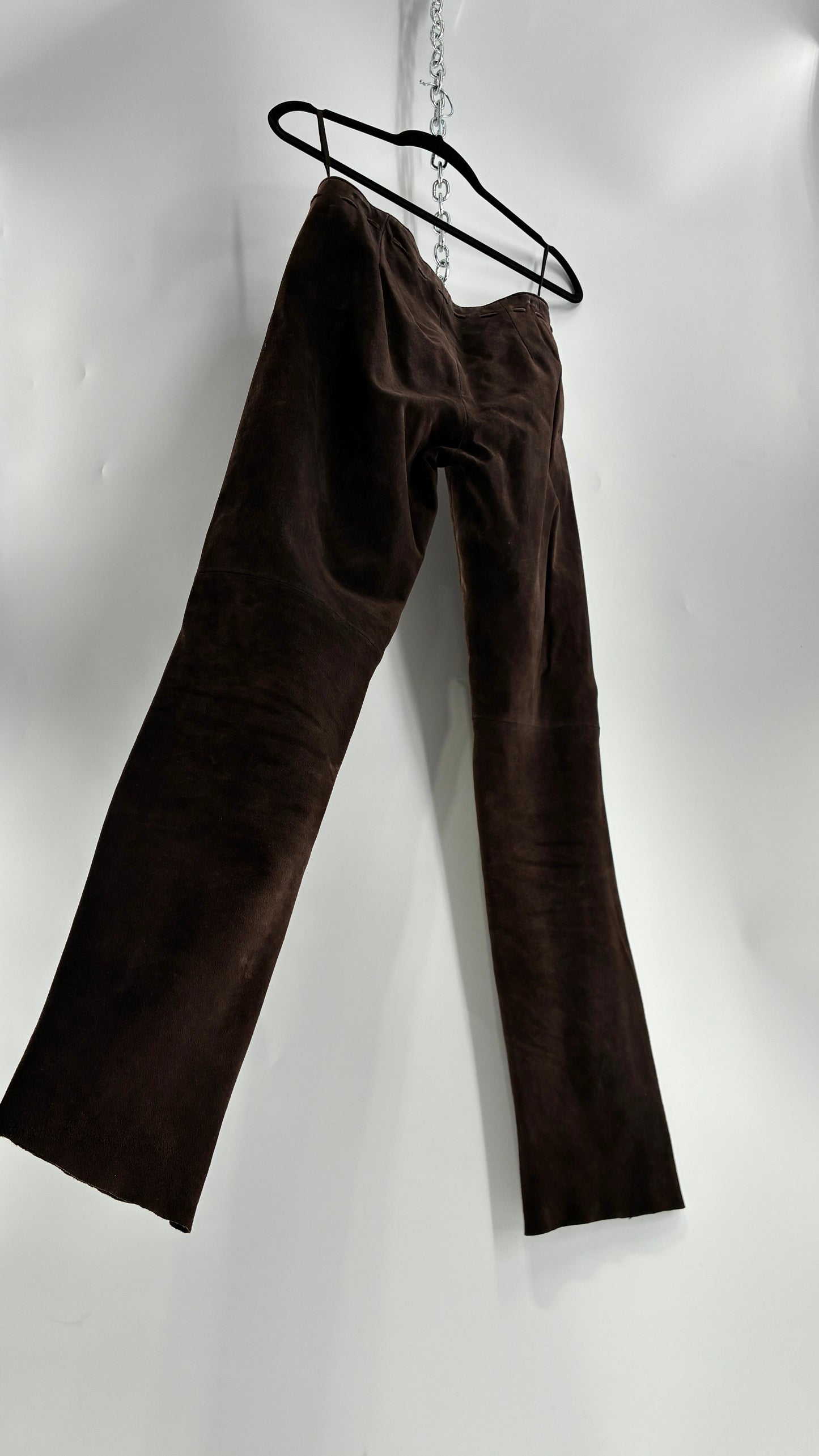 Vintage FOR JOSEPH Low Rise, Chocolate Brown Suede Pants with Leather Stitch Sides and Bow Closure (28)
