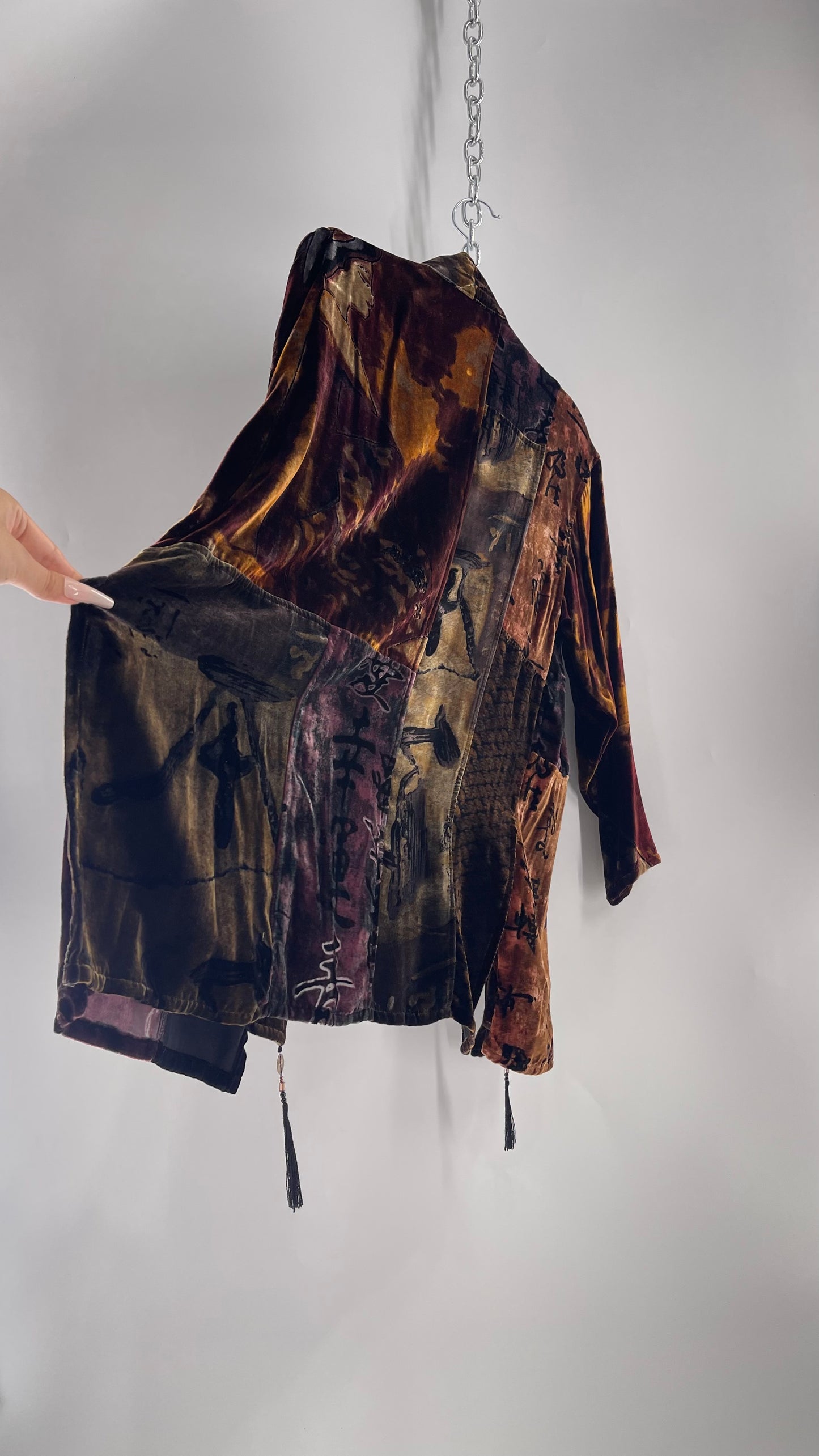 Vintage CHICOS Patchwork Burn Out Velvet Cardigan with Tassel Details