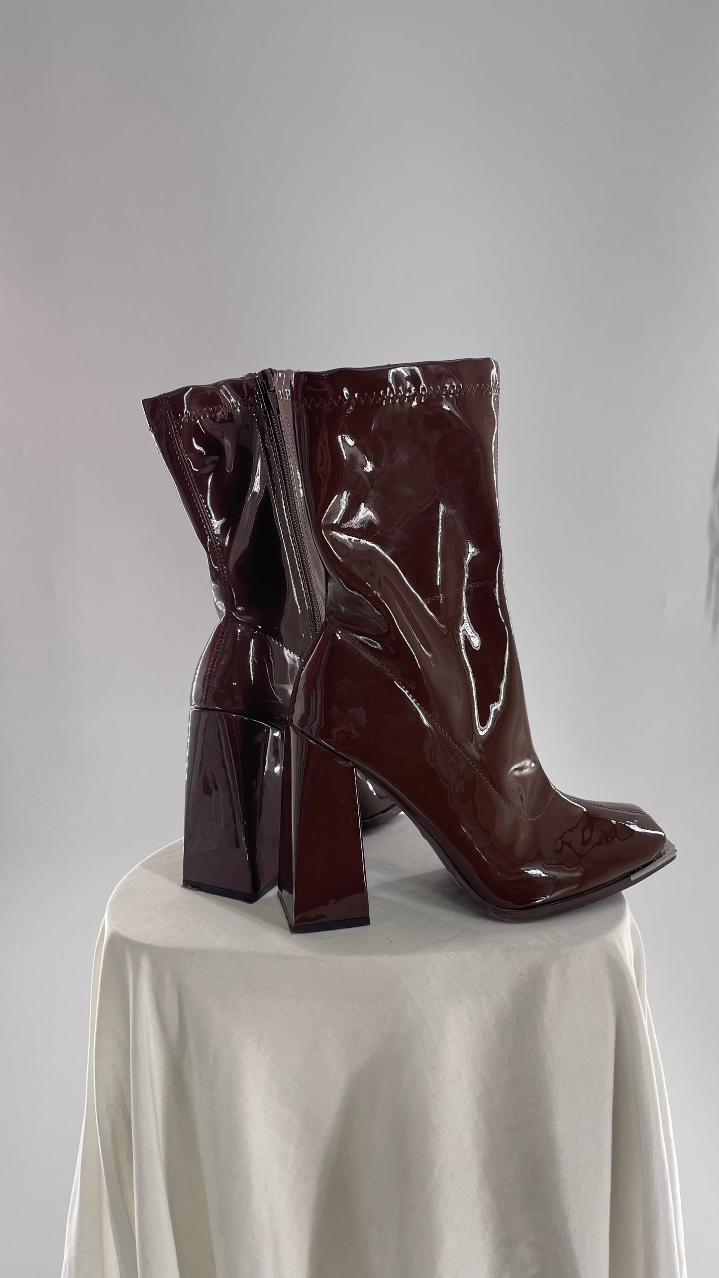 Square Toe Brown Vinyl Boot with Angled Block Heel (8)