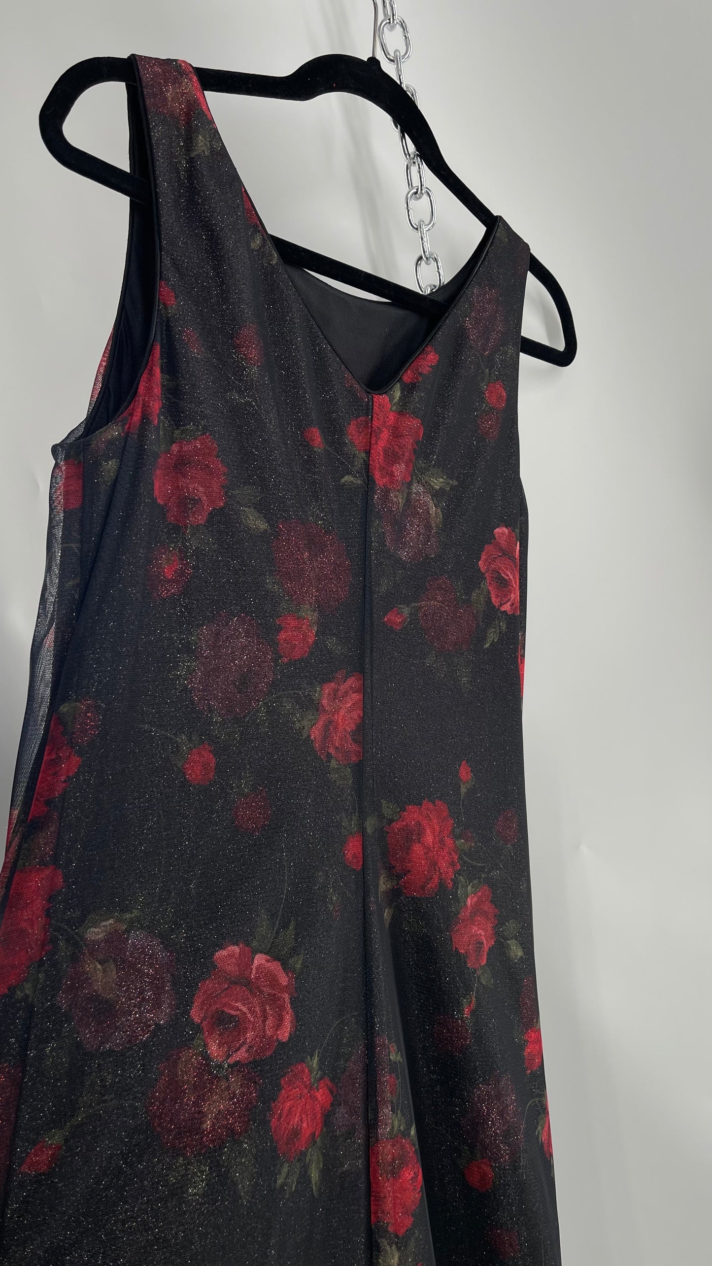 Vintage TEDDI EVENING Dress with Red Rose Layer Over Glitter Graphic and Black Base Layer (10)