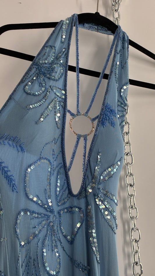 Vintage 1990s Powder Blue Gown Covered in Beaded Appliqué Tropical Designs with Strappy Bust and Low, Open Back (S/M, stretchy no size marked)
