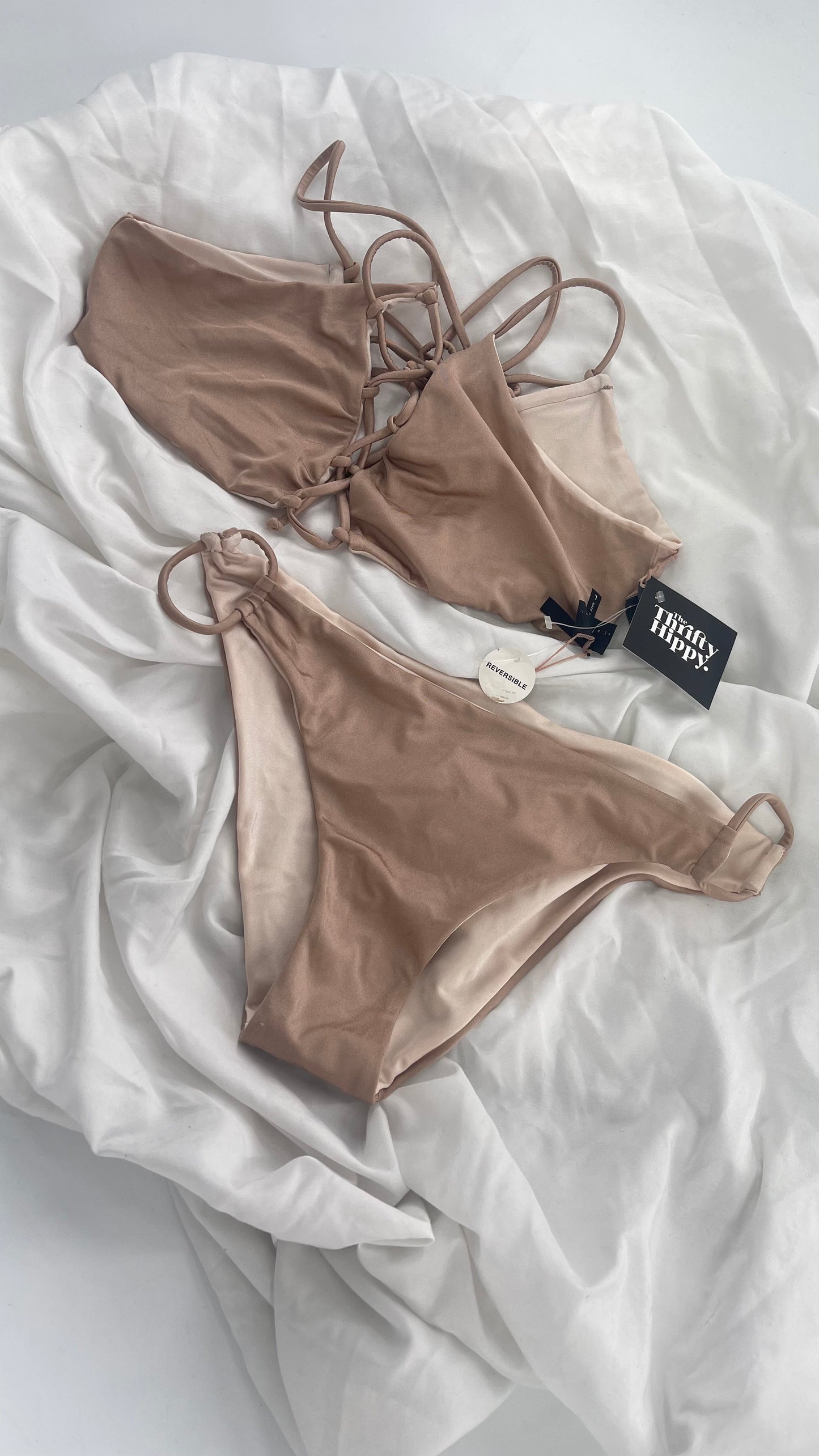 PACSUN LA Hearts Reversible Tan/Beige Swim Set with Tag (Large)