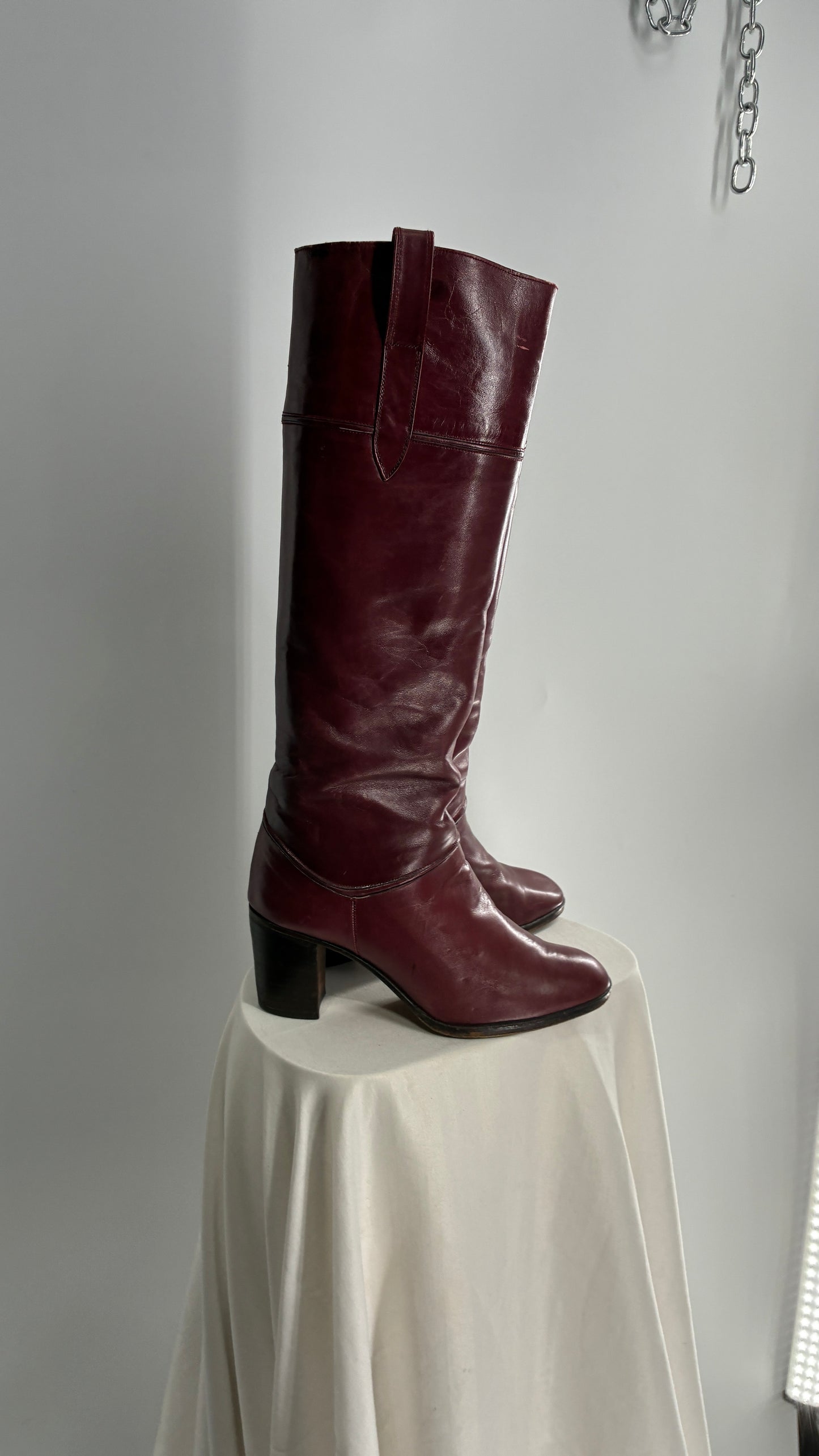 Vintage Red Leather Round Toe Knee High Boots Made in Spain Boots (38)