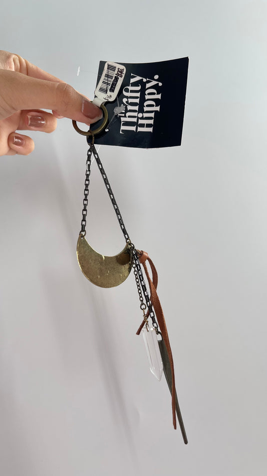 Free People Keychain with Bronze Half Moon, Crystal, and Vegan Leather Detail
