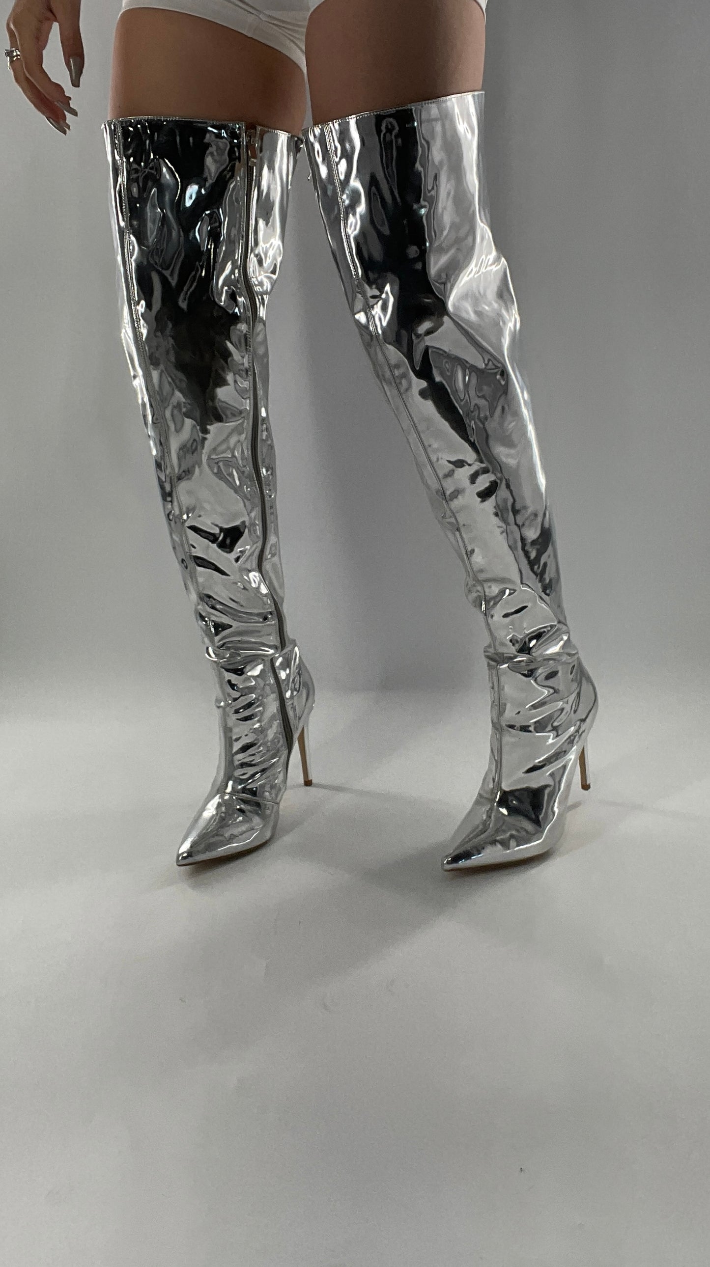 Vintage Chrome Platinum Mirrored Thigh High Molten Metal Sky High Boots Space Cadet/Concert (7)