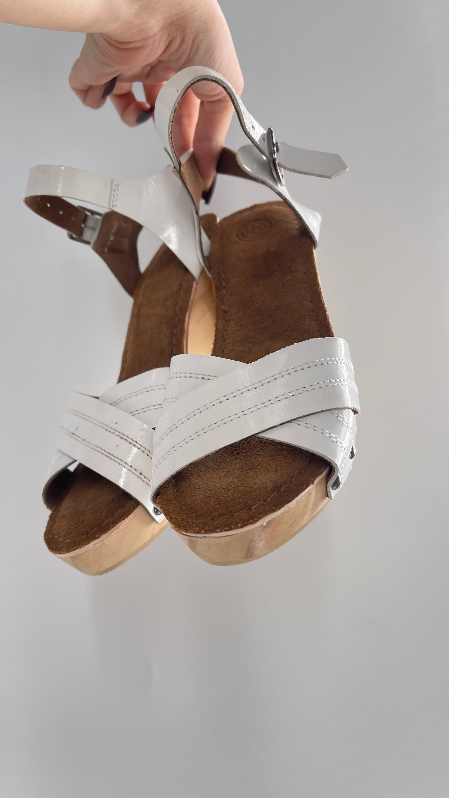 Urban Outfitters White Patent Clogs with Wooden Heel (6)