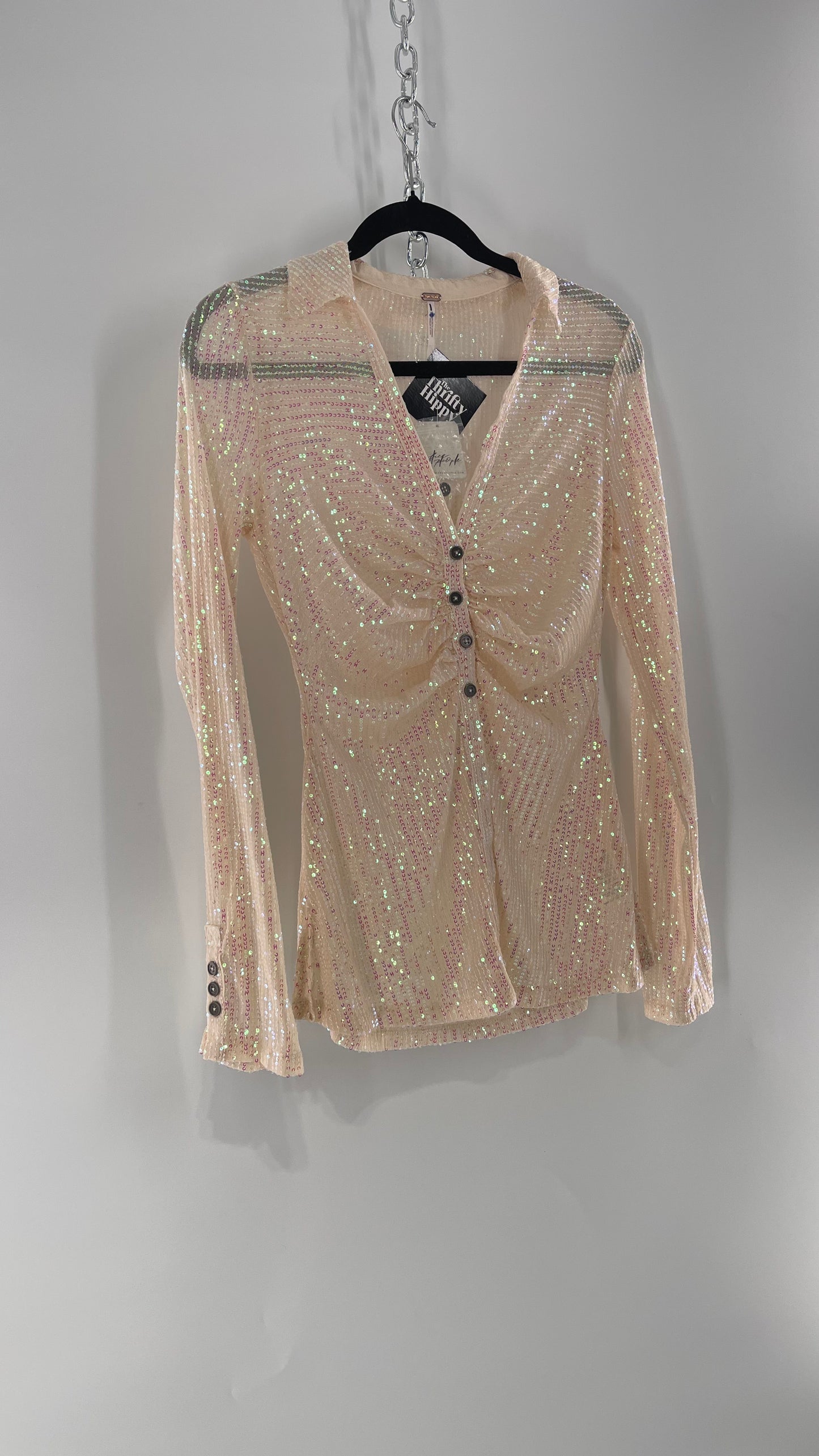 Free People Iridescent Sequined Button Front Ruched Bust Blouse with Tags Attached (Small)