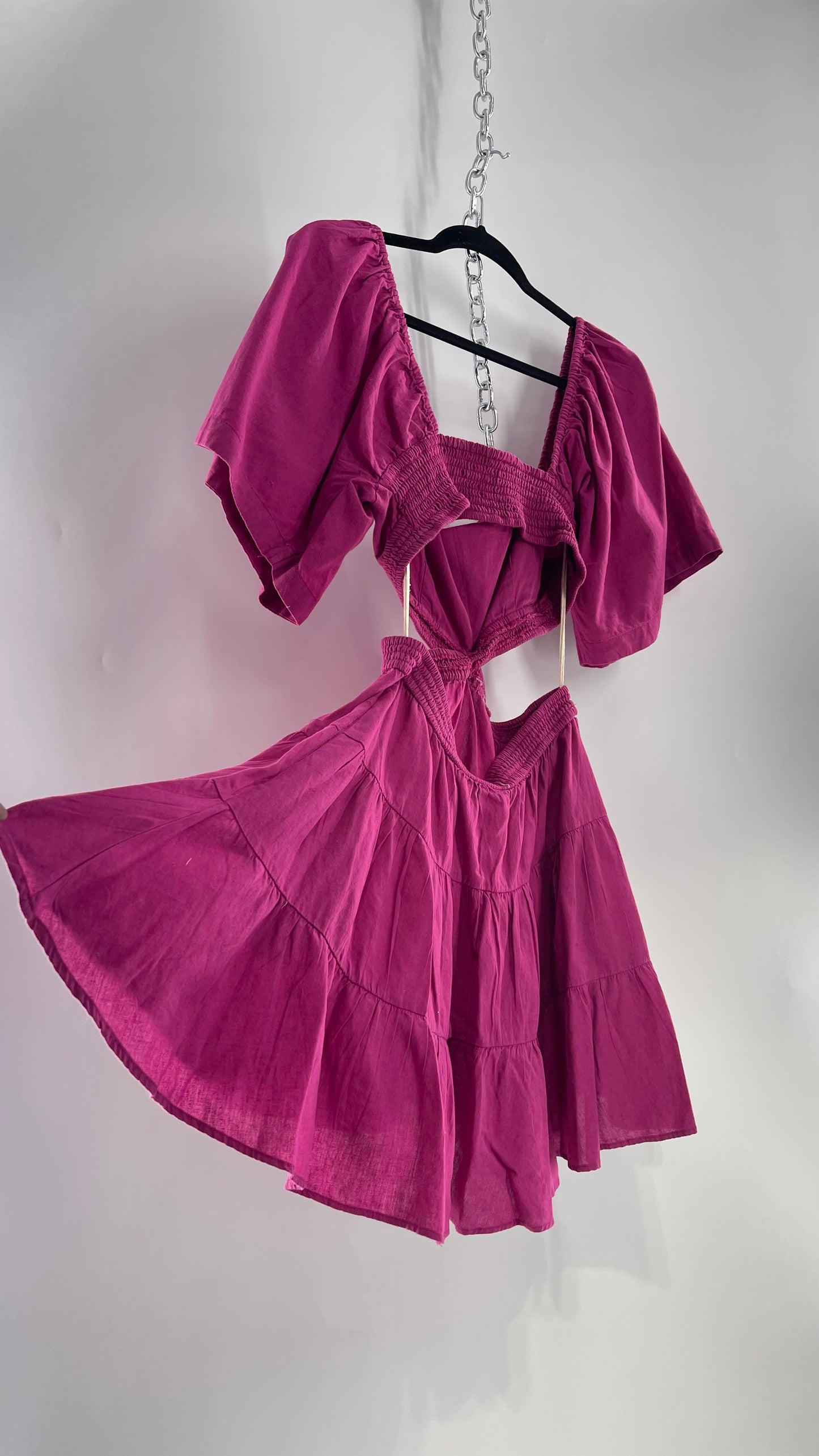 Free People Mauve Fuchsia Cotton/Linen Cut Out Sides Open Back Mini Dress (Small)