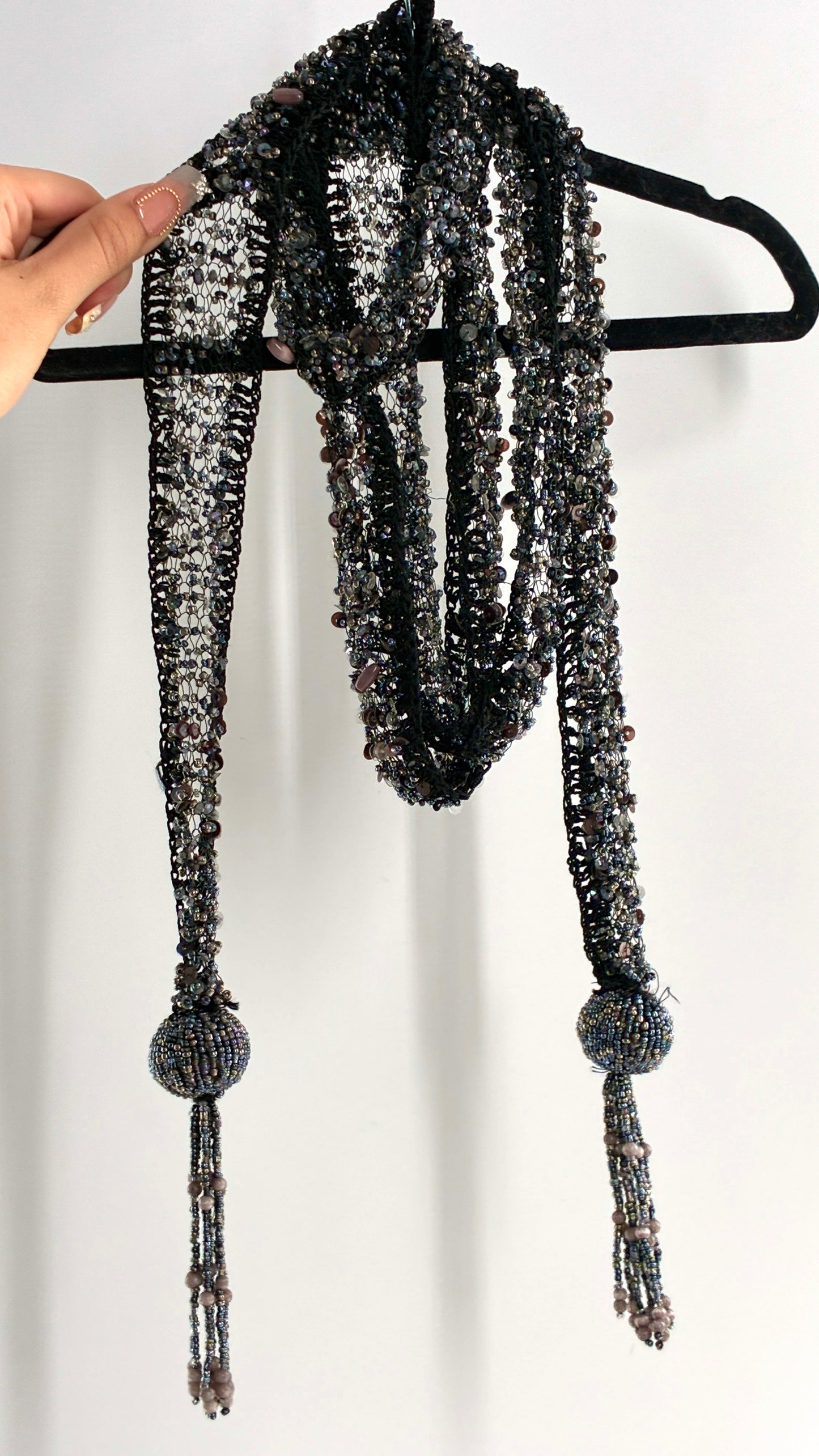 Vintage Black Netted + Crochet Scarf Necklace Covered in Heavy Beading