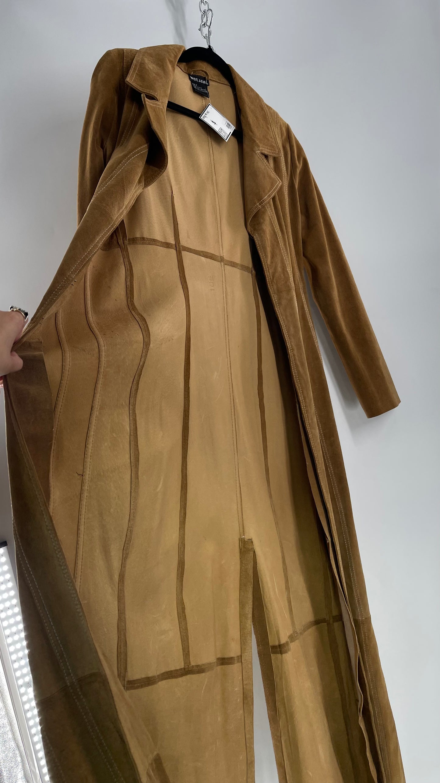 Vintage Wet Seal Full Length Paneled Tan Leather Sweeping Coat (Small)