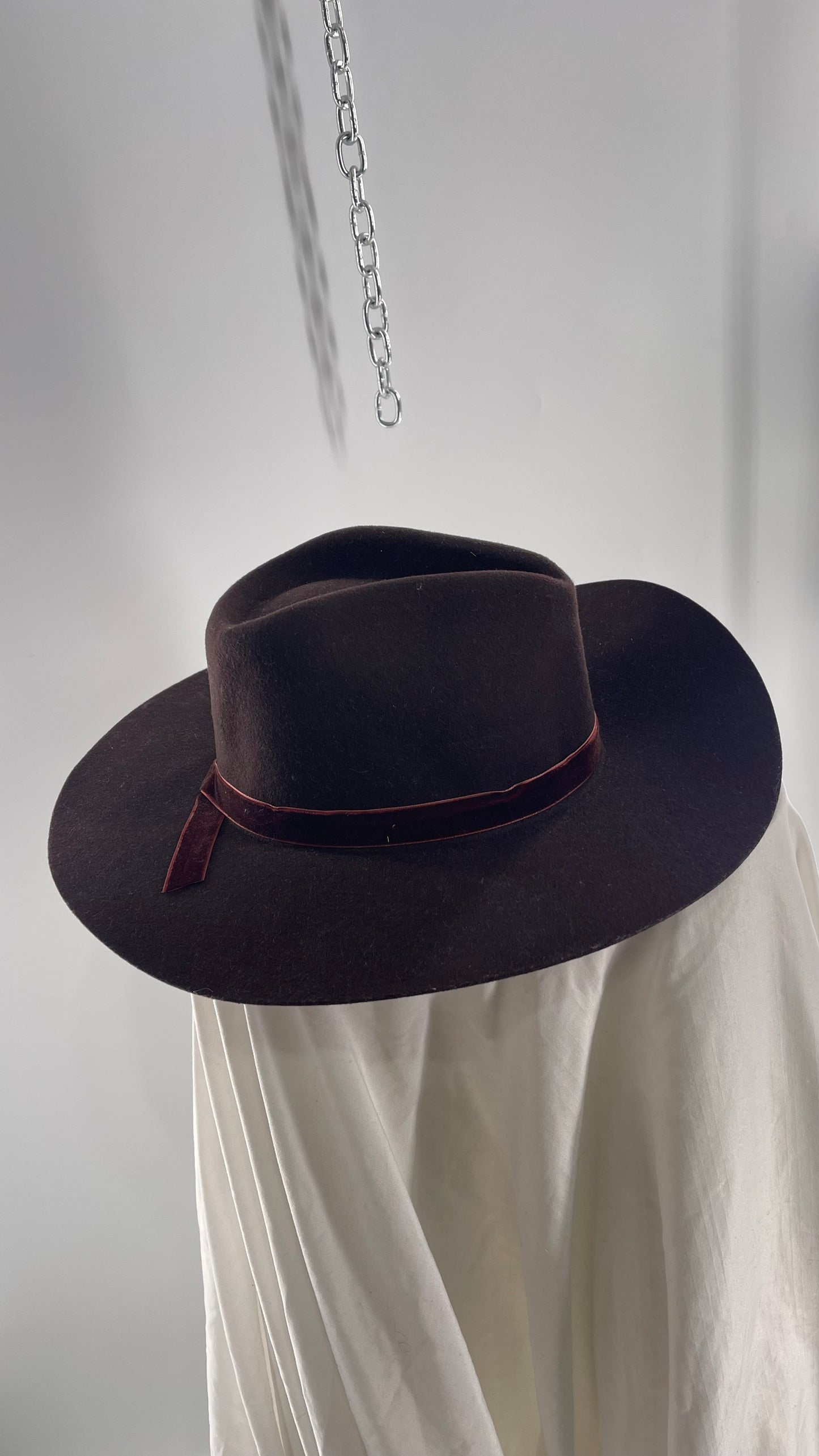 Free People Chocolate Brown 100% Wool Hat with Velvet Ribbon