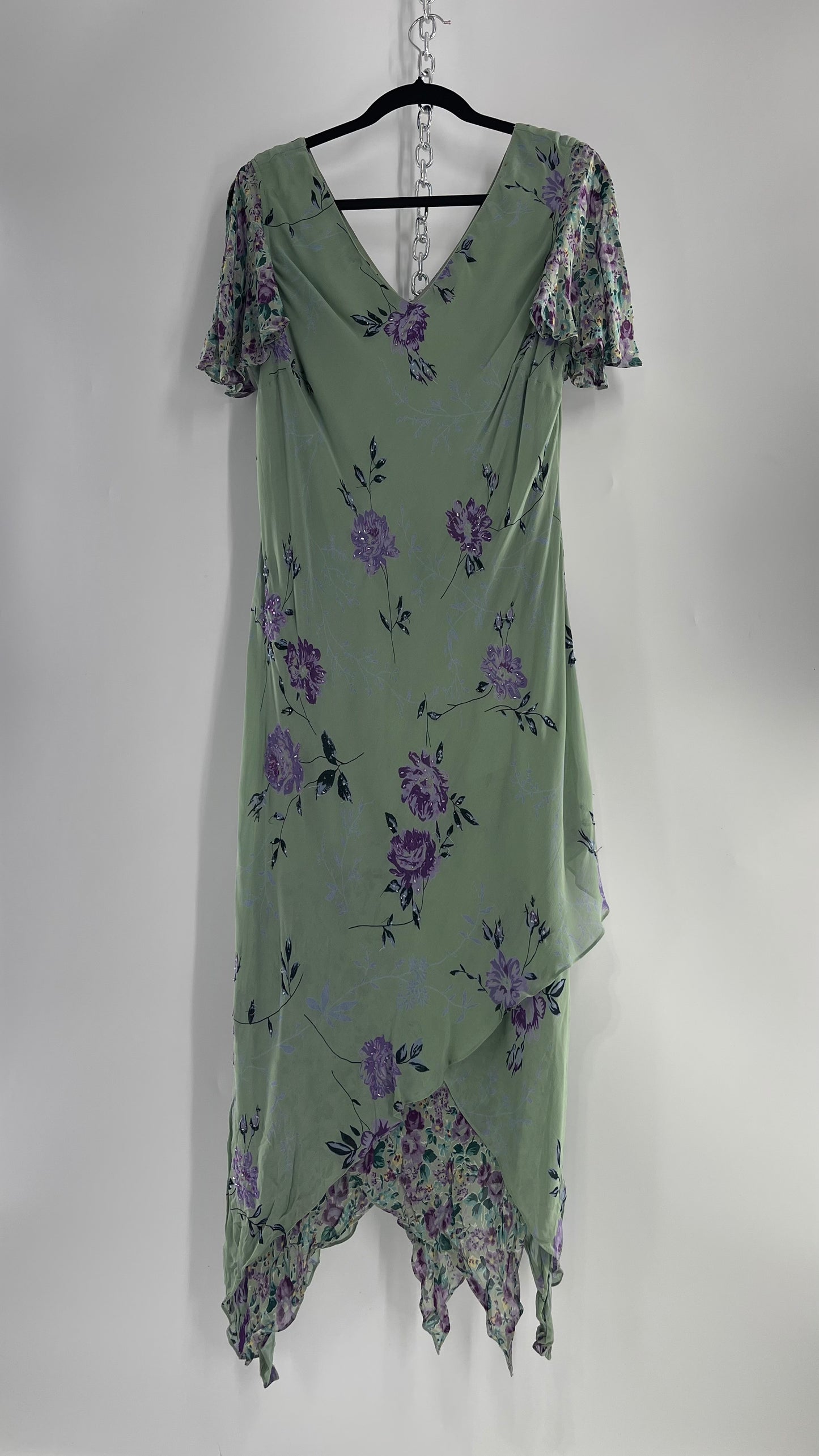 Vintage 1990s EVA BLUE Sage Green  Dress with Purple Beaded Florals and Handkerchief Hem(16)