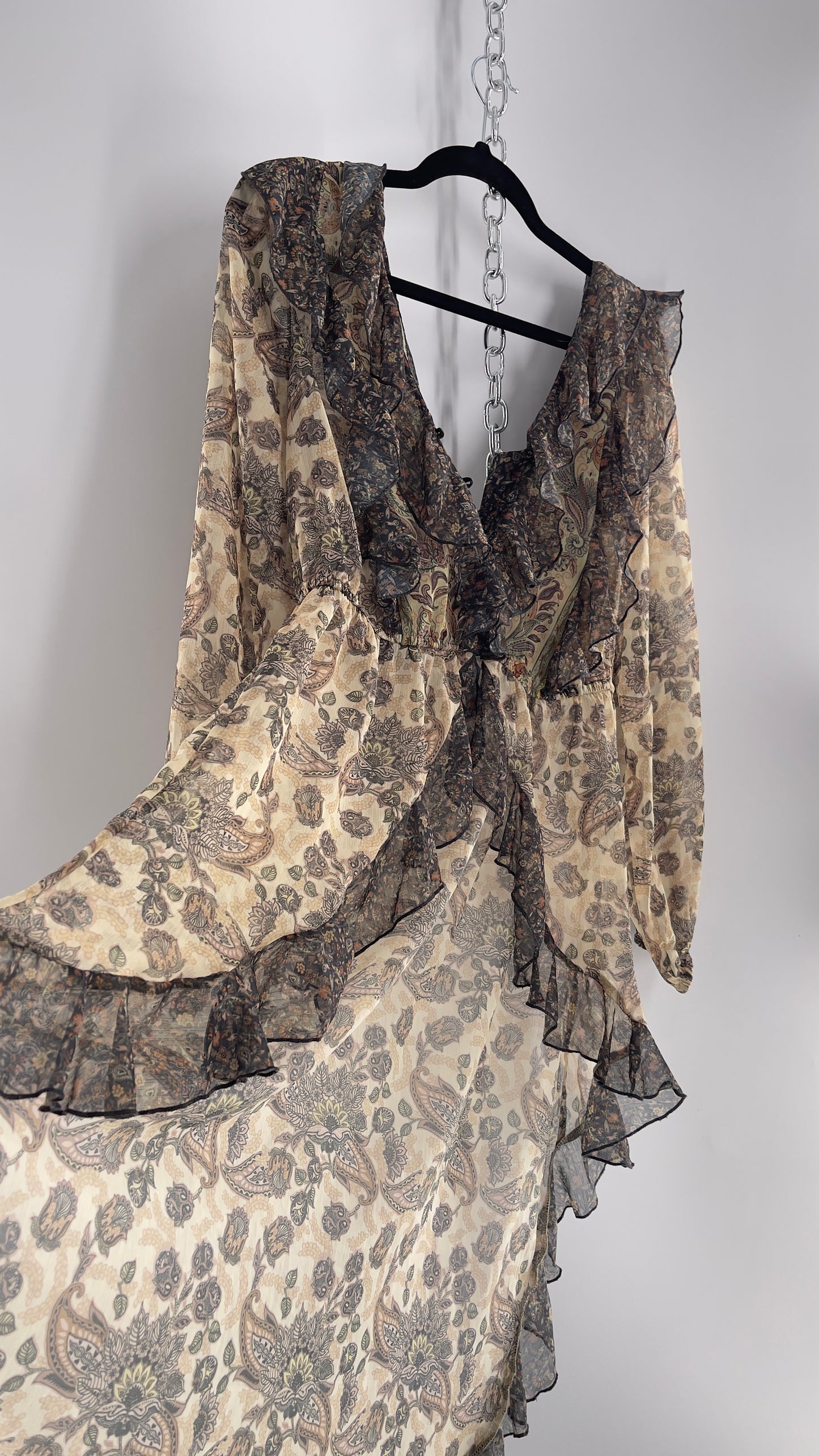 Free People Let Me Be Paisley Dual Toned High Low Sweeping Cape with Ruffled Bust and Hemline with Tags Attached (Small)