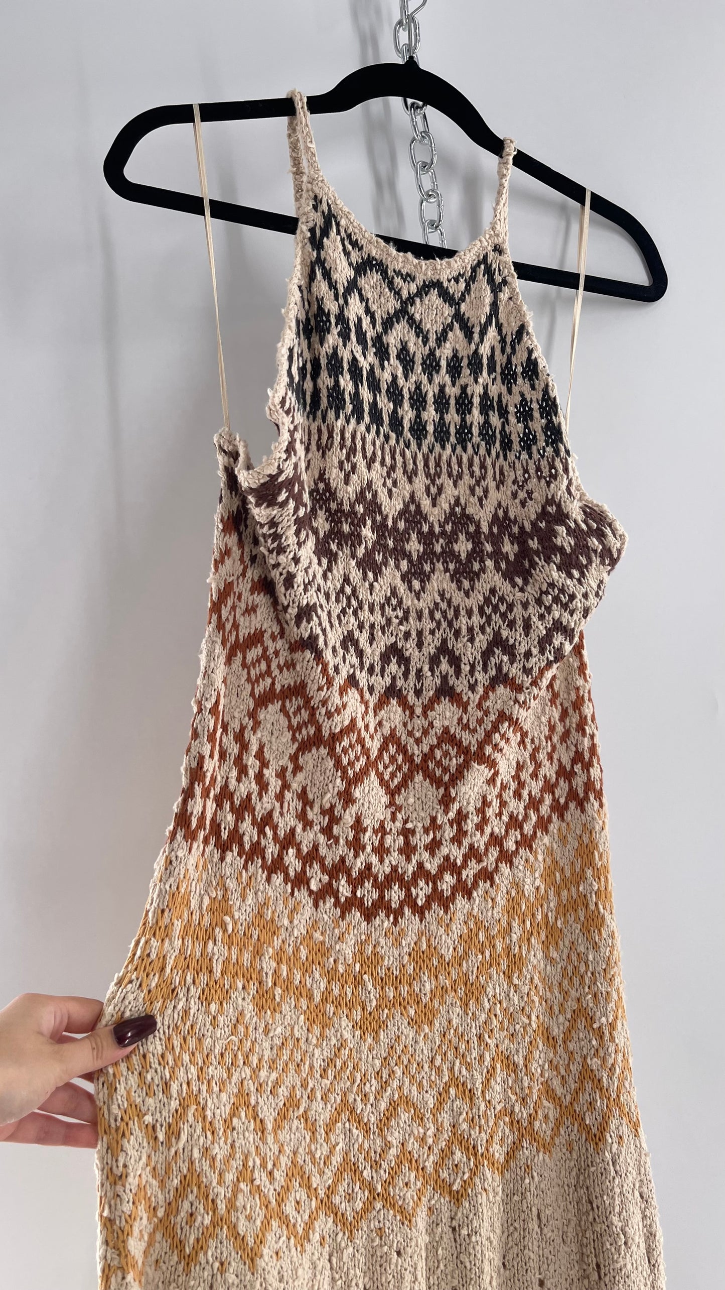 Free People Beige Ikat Oasis Knit Halter Maxi Dress (Small)