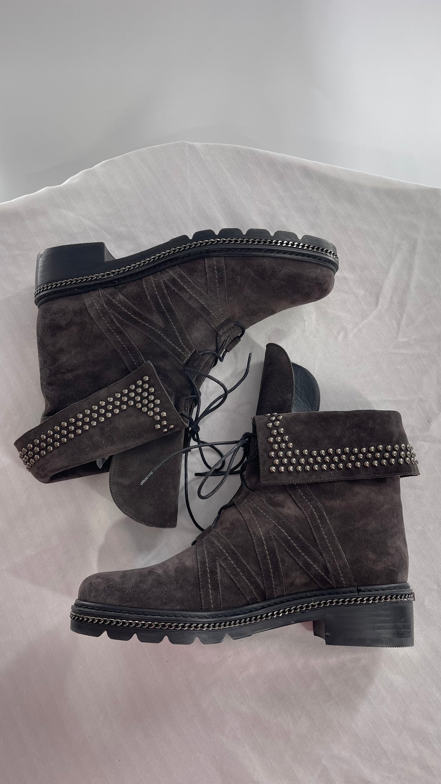 Stuart Weitzman Yadastud Grey Suede Leather Studded, Chainlink Boots (8)