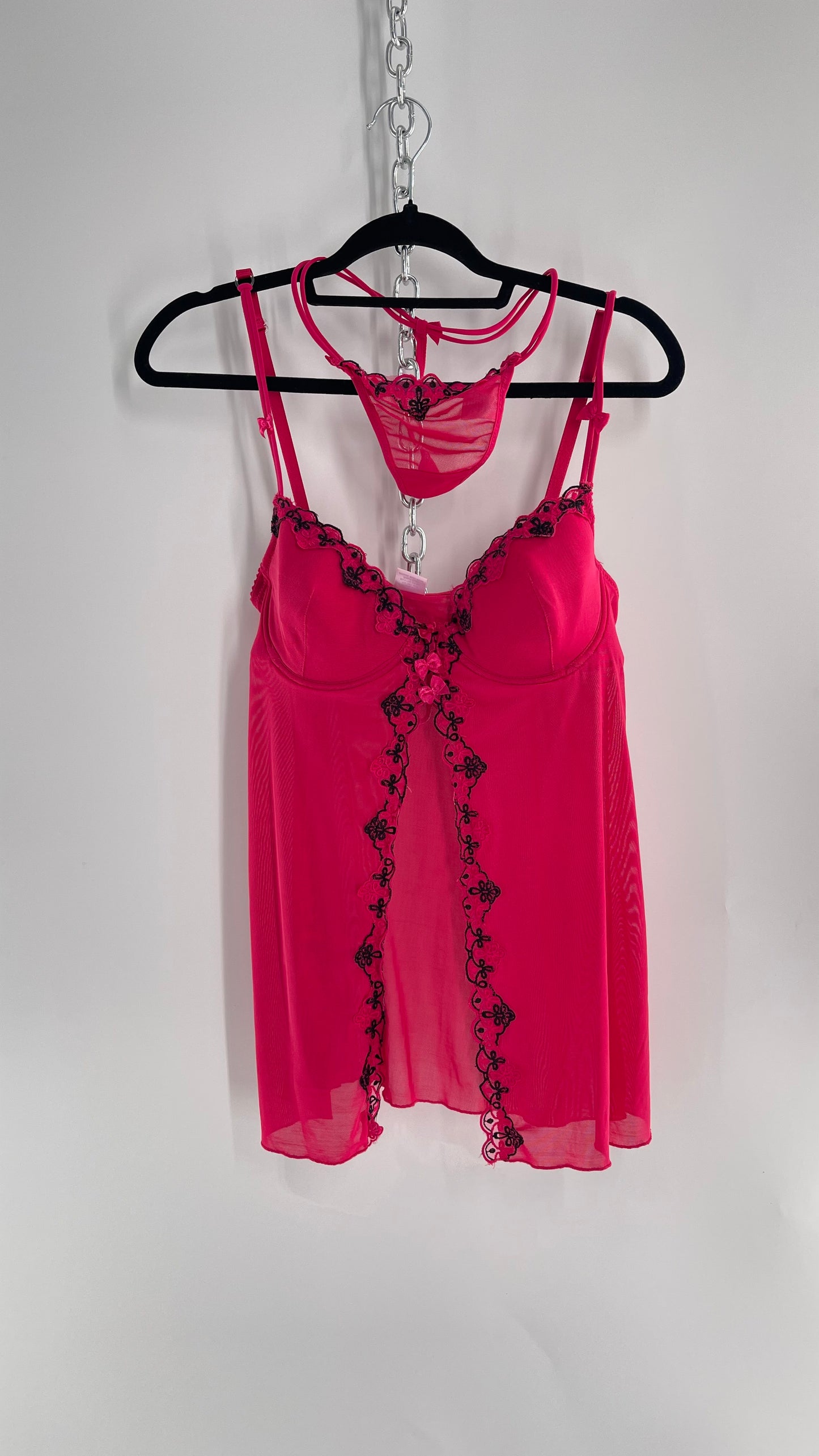 Vintage HOT Hot Pink Vented Babydoll Top and Thong Set with Black Embroidery and Bows (Medium)