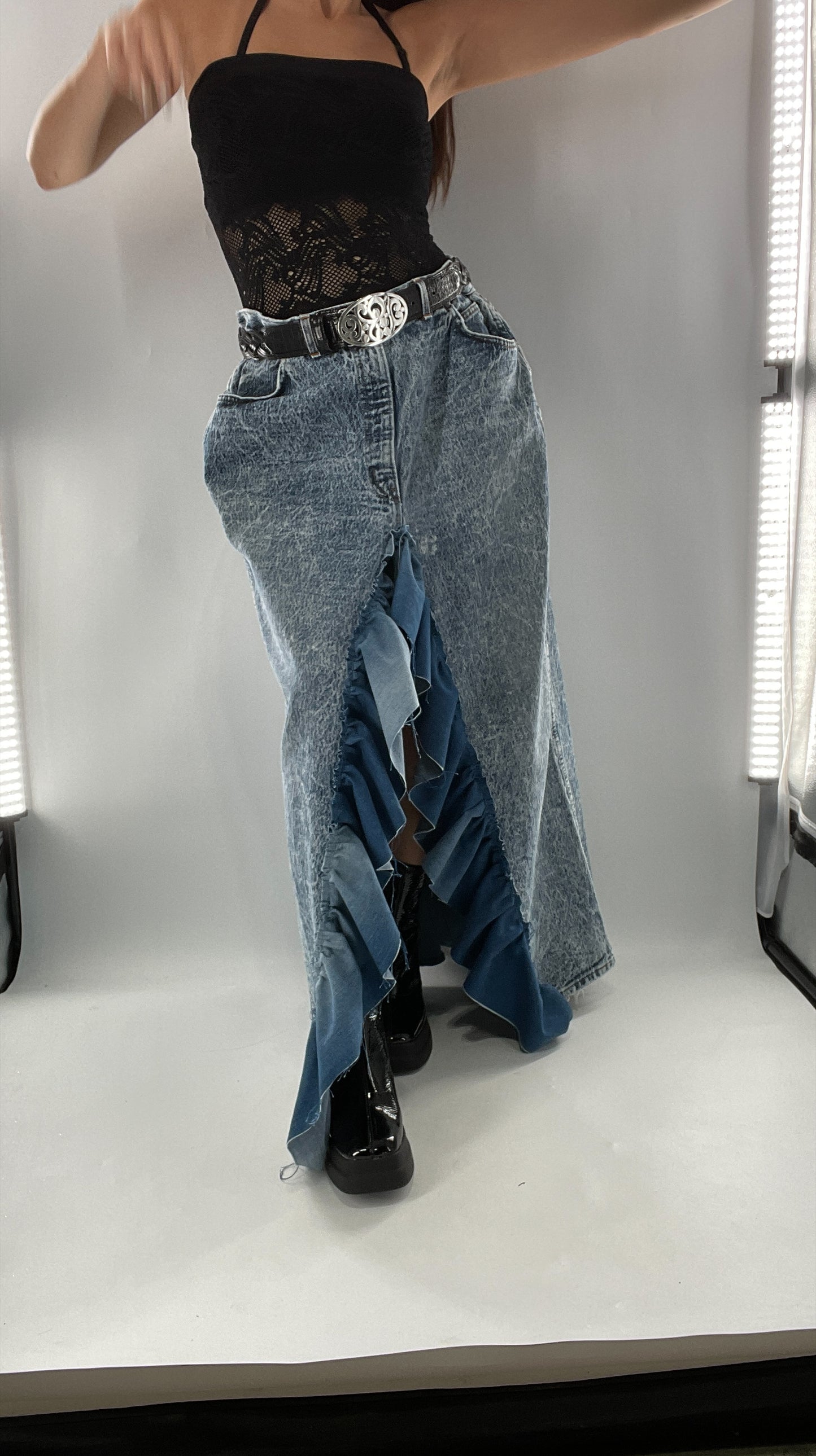 Custom Handmade Acid Wash Denim Slit Front Ruffled Skirt with Bow Bum (Large)