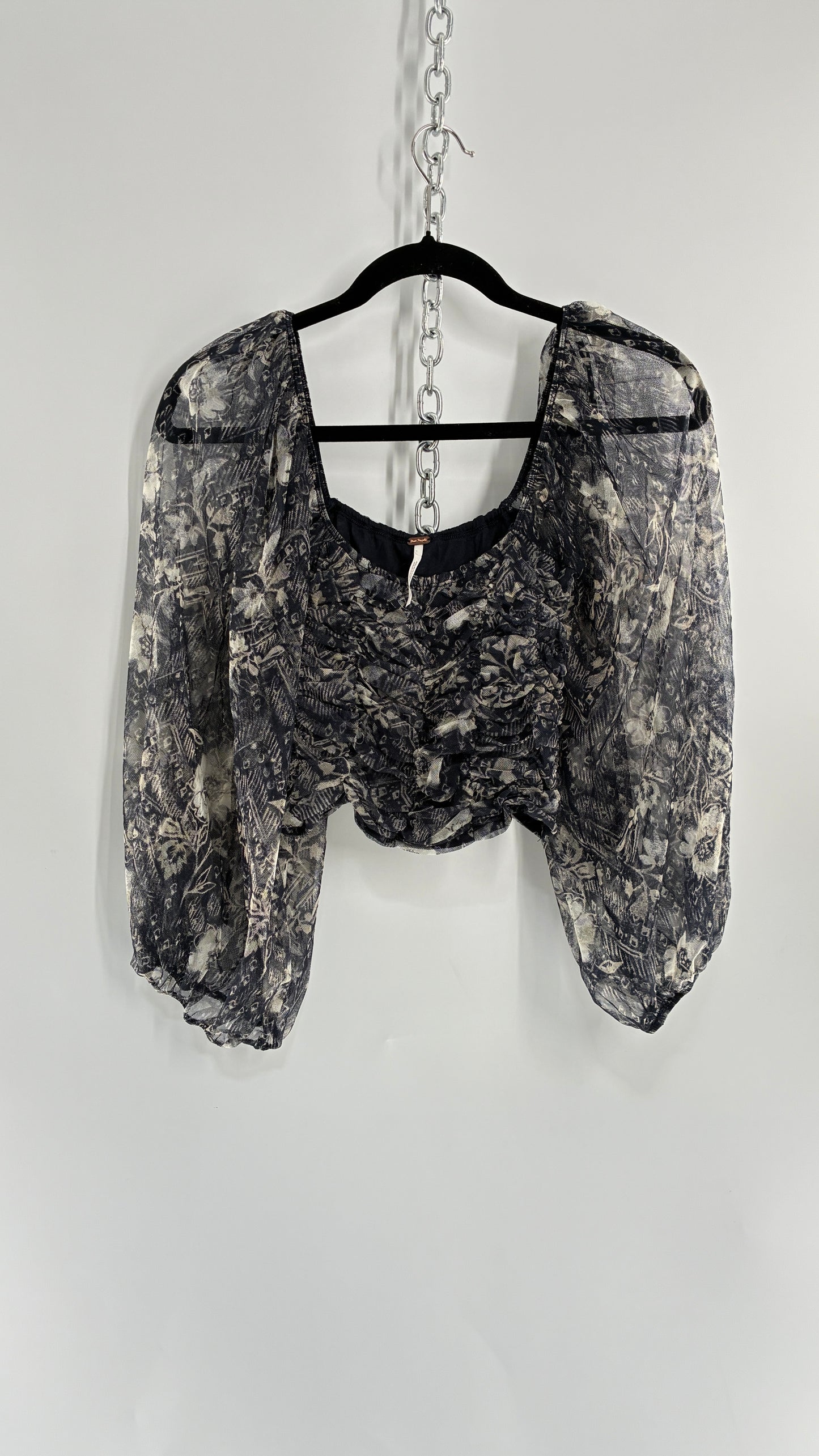 Free People Denim Blue Balloon Sleeve Mesh Ruched Blouse (Medium)