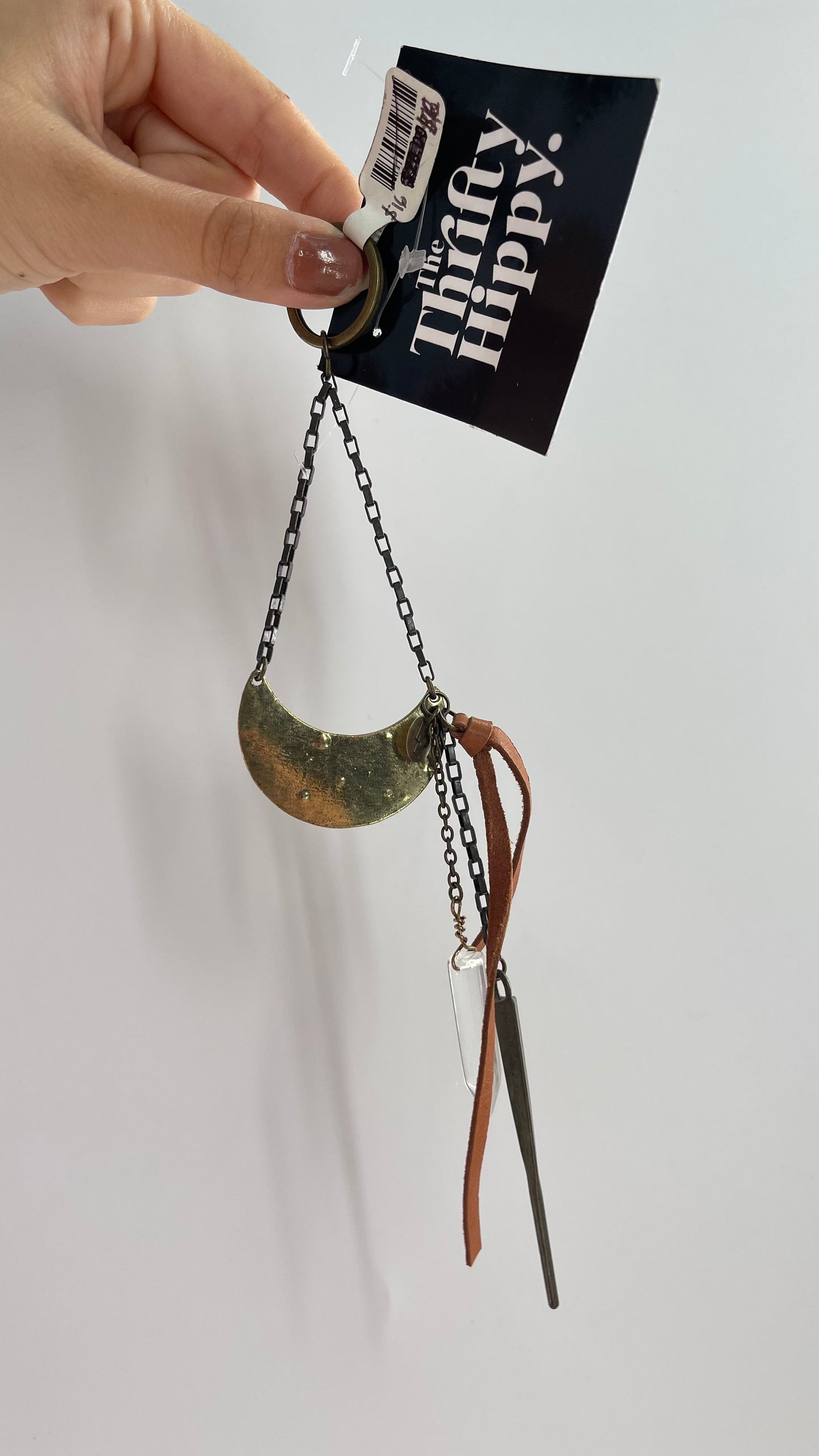 Free People Keychain with Bronze Half Moon, Crystal, and Vegan Leather Detail