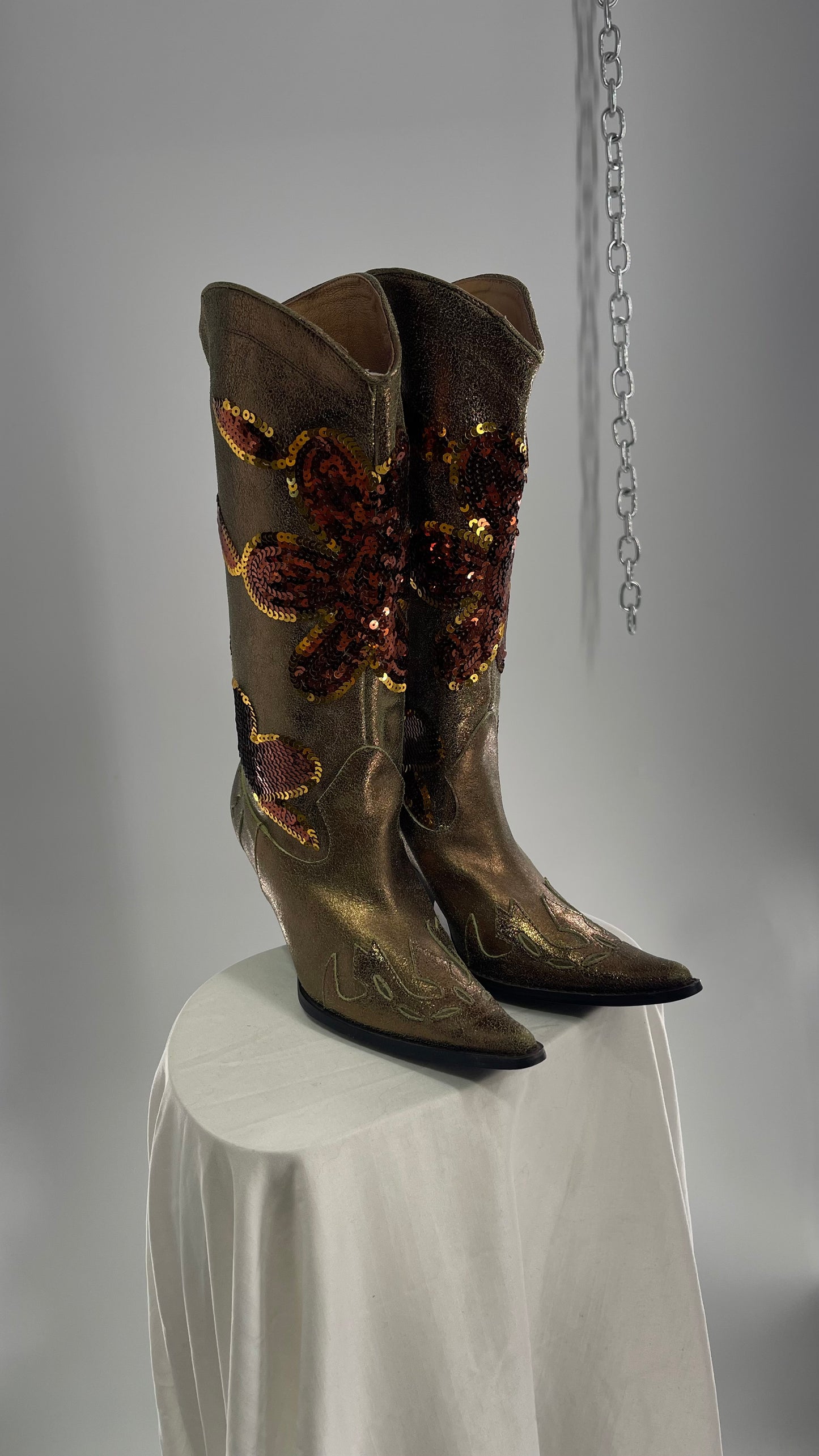 RARE Vintage Foot Candy Sage Green/Bronze Leather Cowboy Boots with Sequin Flowers and Flame Details (6.5)